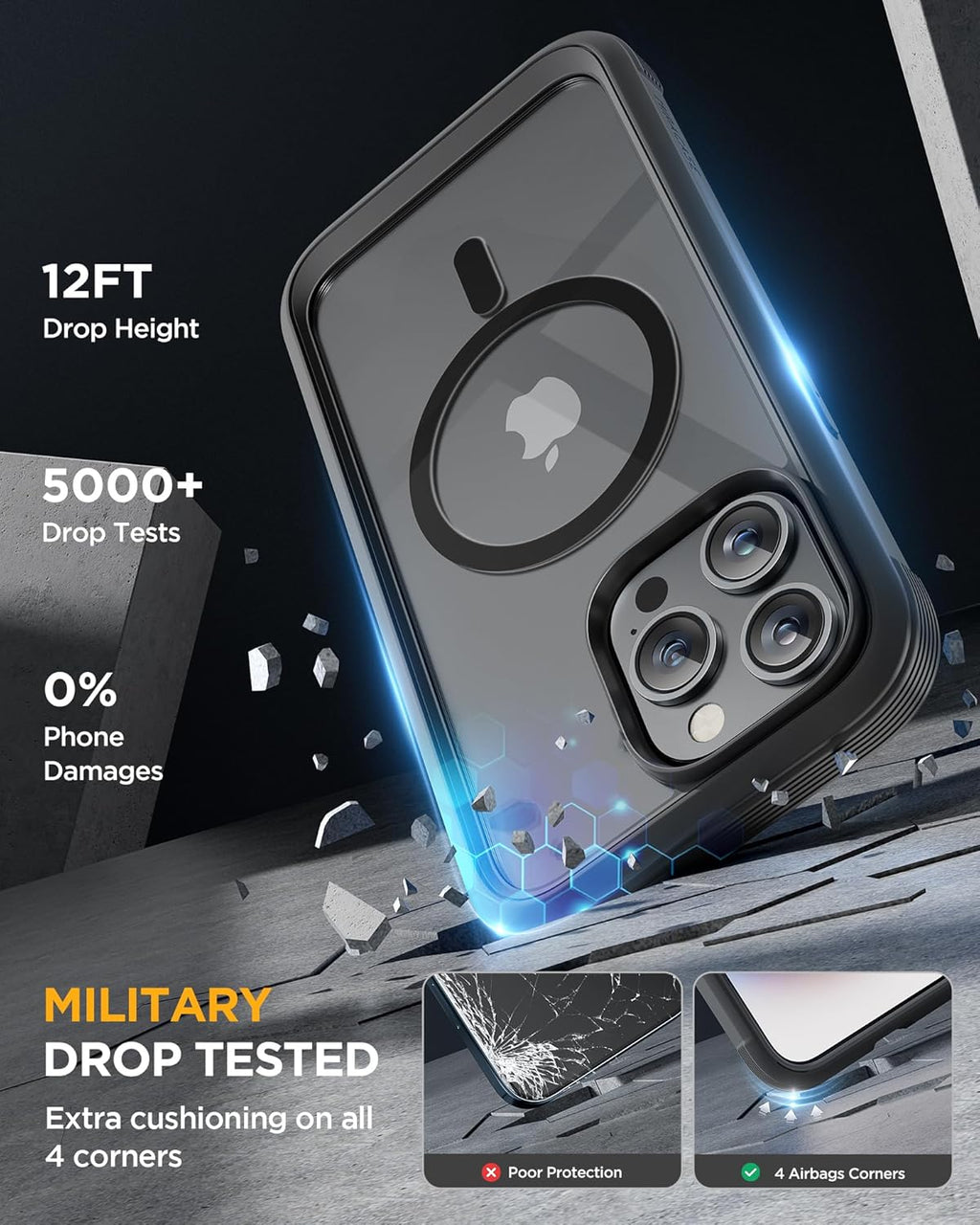 Miracase Magnetic for iPhone 12 Pro Max Case [Compatible with MagSafe] Full-Body Phone case with Built-in Glass Screen Protector& Camera Protector, Military Drop Proof 12 Pro Max Cover, Black