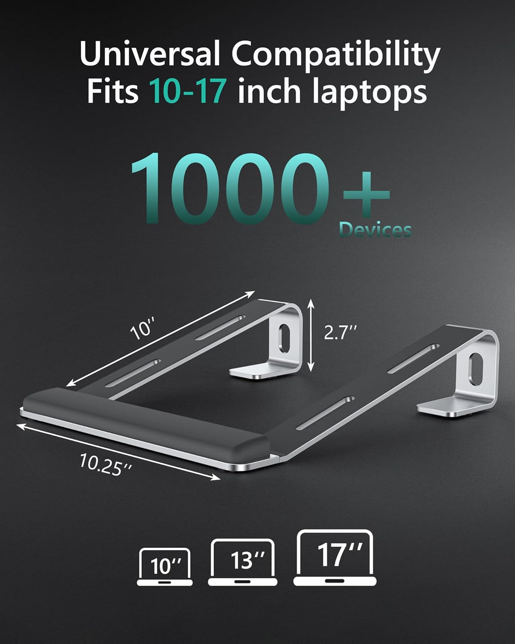 Aluminum Laptop Stand, Notebook Stand with Wrist Rest, Ergonomic Detachable Laptop Mount, Computer Stand Compatible with 10-17'' All Laptops Such as MacBook Air Pro/HP/Dell/Lenovo, Silver