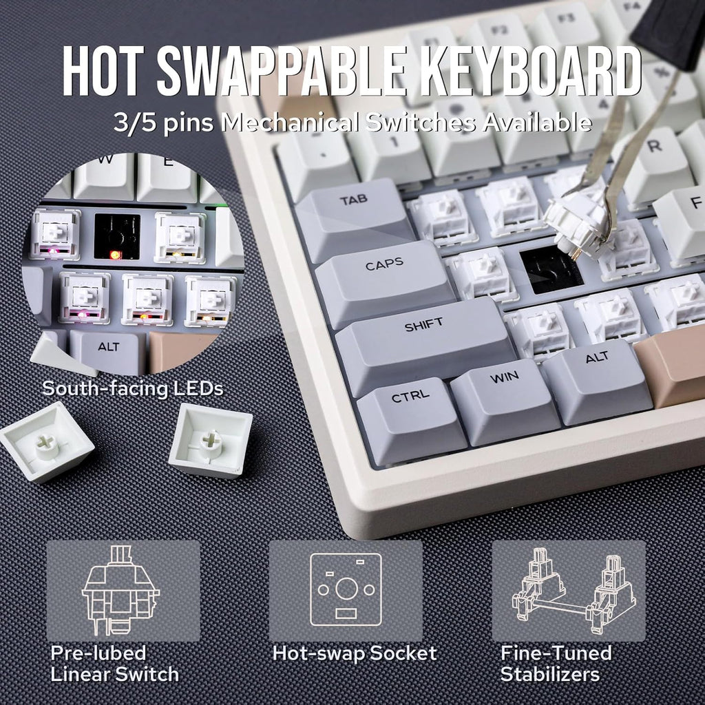 EPOMAKER Galaxy100 QMK/VIA Wireless Gaming Keyboard, Aluminum Shell, Bluetooth/2.4Ghz/USB-C, Pre-Lubed Hot-Swappable Linear Switches, NKRO, RGB Backlit (Creamy White, Wisteria Linear Switch)
