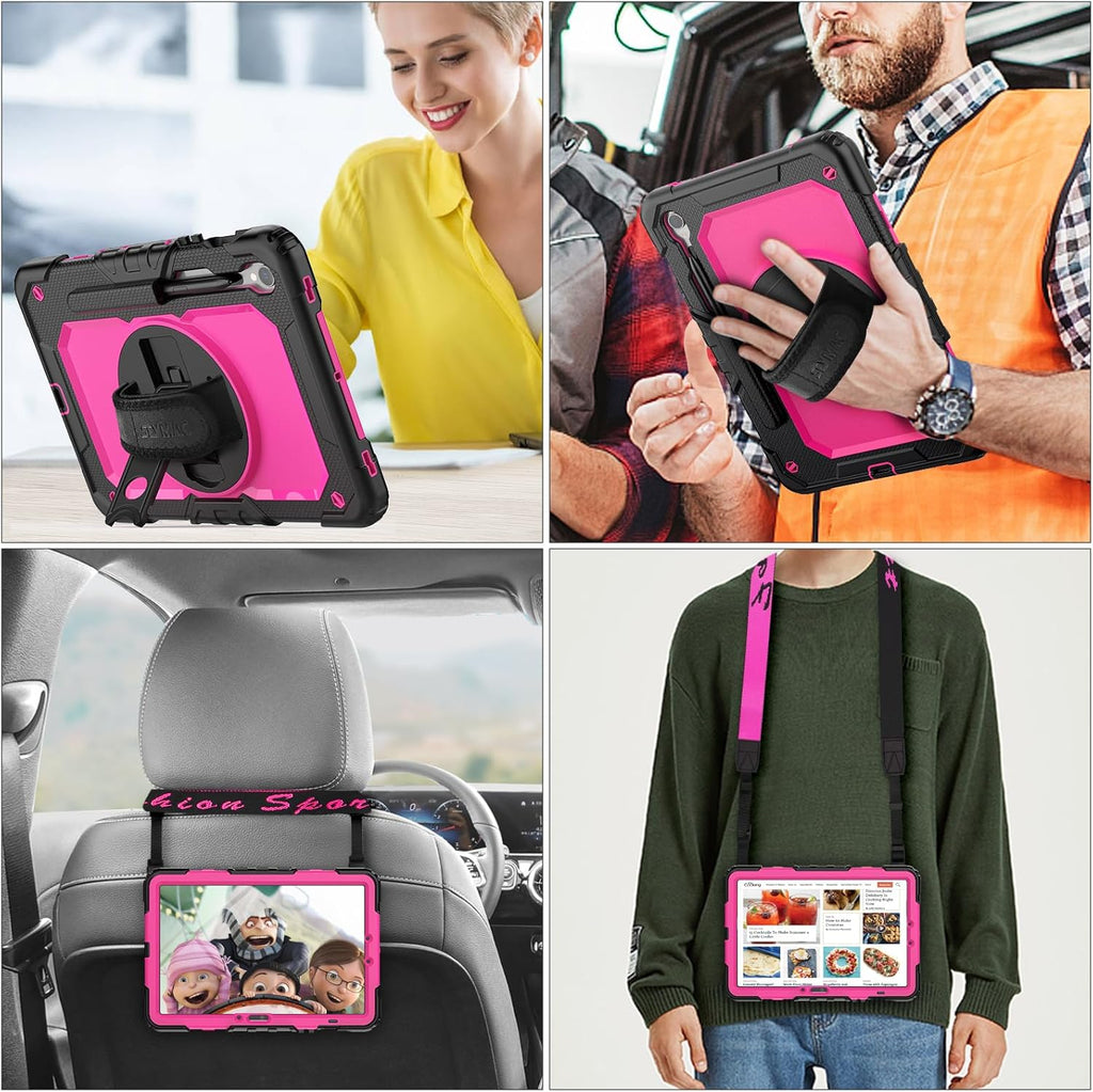 SEYMAC stock Case for Samsung Galaxy Tab S10 FE / S9 / S9 FE 5G Tablet Case Protective with Screen Protector, Pencil Holder, 360 Rotate Stand, Hand Strap, Shoulder Strap, Pink1