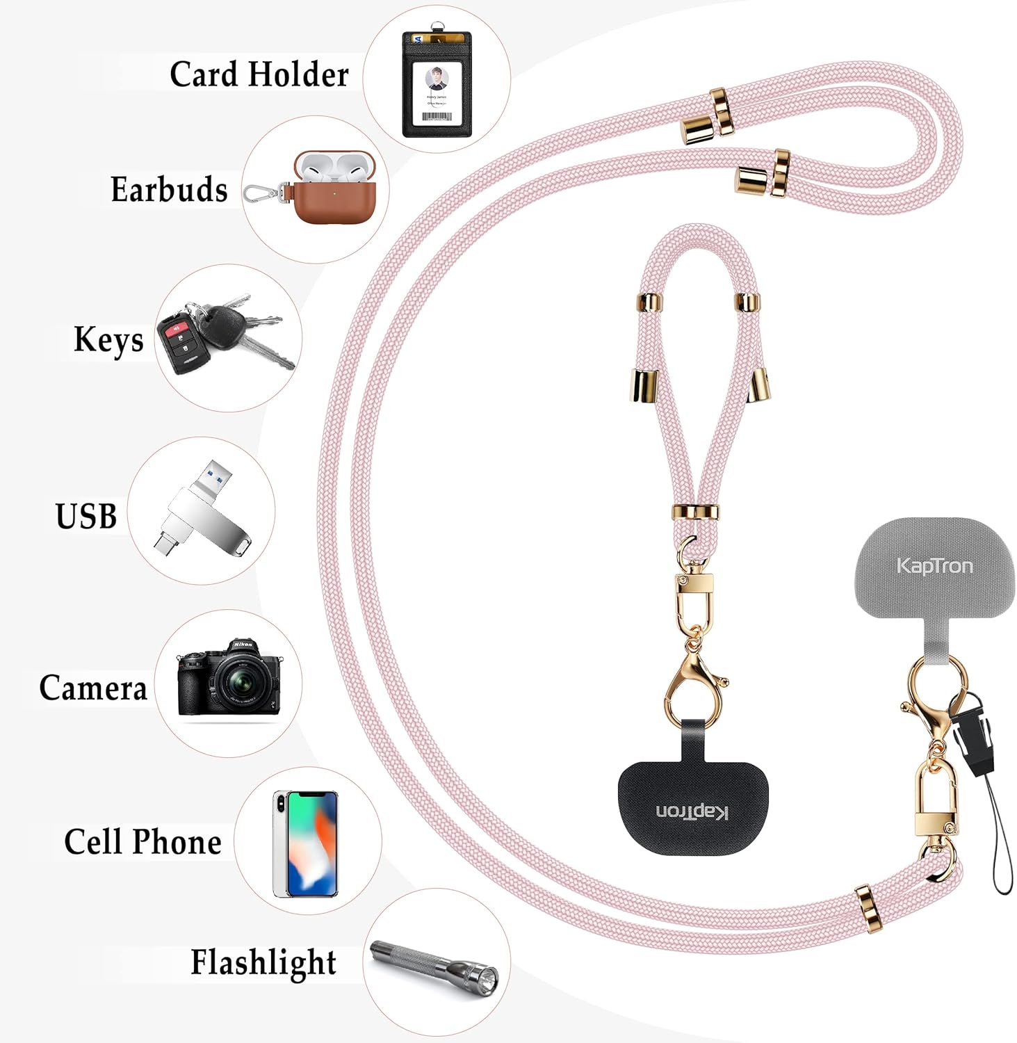 Universal Phone Lanyard With Adjustable Crossbody Neck Strap and Wristlet, 2 Lobster Clips, Tether Patches and Phone Straps (Pink, 2 Pack)