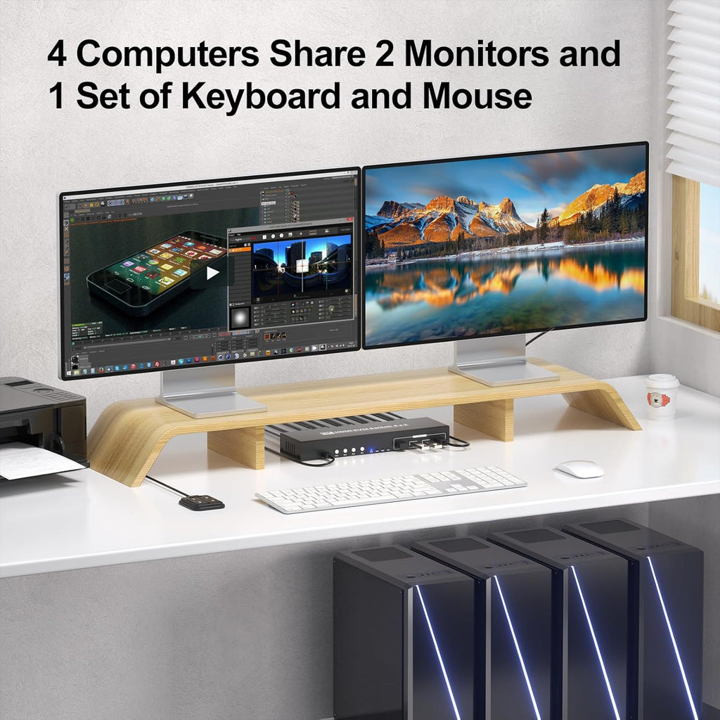 8K@60HZ 4K@120Hz HDMI KVM Switch 2 Monitors 4 Computers with 4 Port USB 3.0 Hub, 4 Port Dual Monitor HDMI KVM Switch for 4 Computers Share 1 Set of Keyboard, Mouse and 2 Monitors