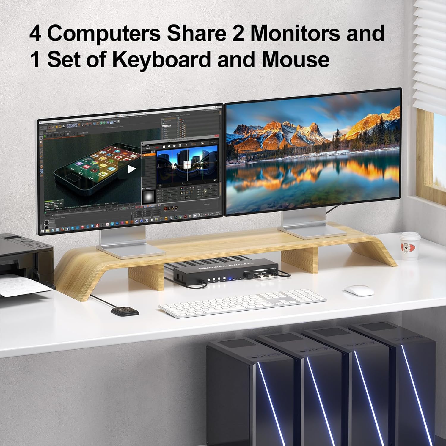 8K@60HZ 4K@120Hz HDMI KVM Switch 2 Monitors 4 Computers with 4 Port USB 3.0 Hub, 4 Port Dual Monitor HDMI KVM Switch for 4 Computers Share 1 Set of Keyboard, Mouse and 2 Monitors