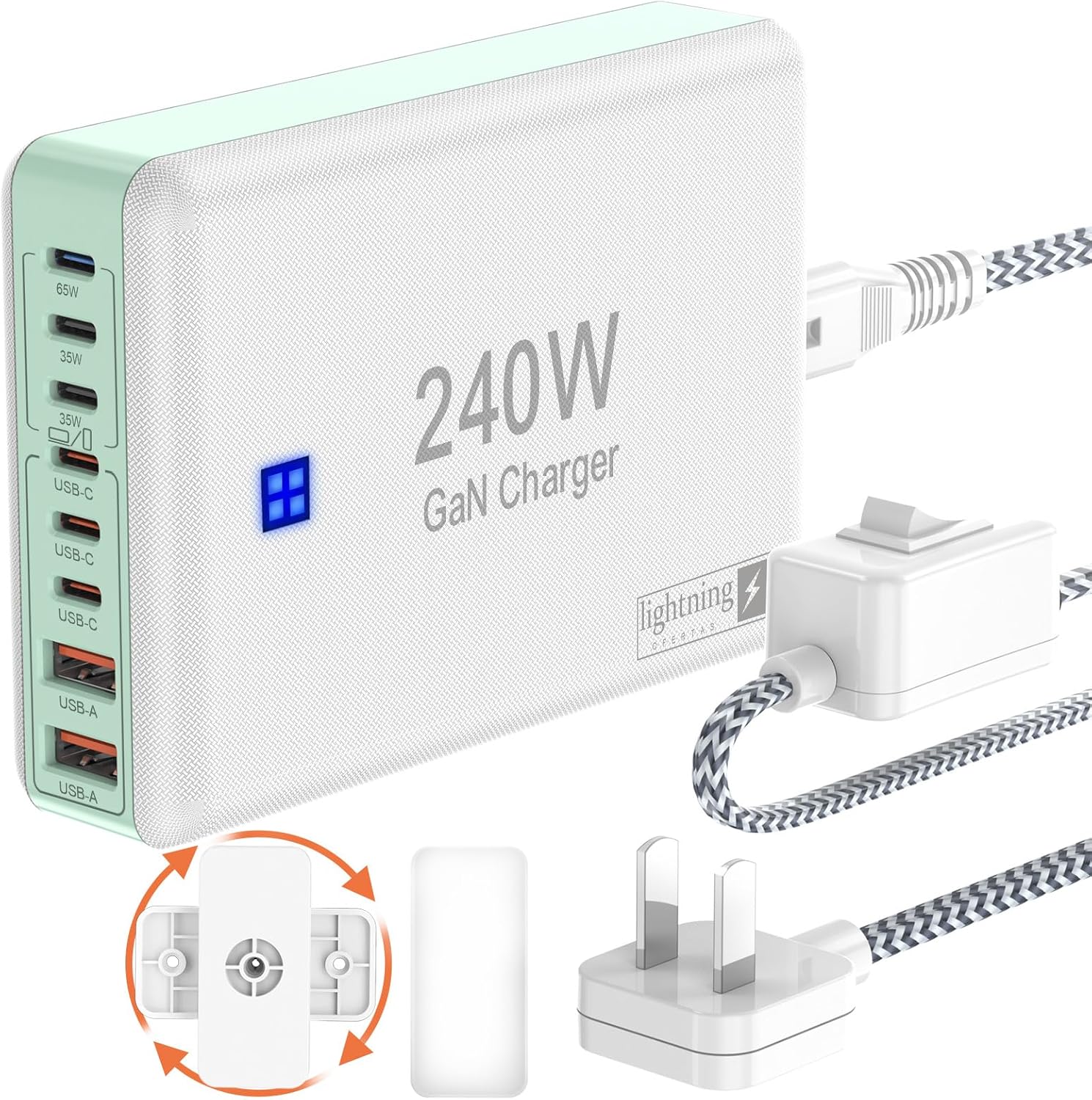 240W Fast Chargers for Multiple Devices 8 Ports, 6 Type C + 2 USB A Charger Block, Charging Station with Slim Flat Plug, 65W Power Hub for Laptops, PD GaN Charger Tower for iPhone, Samsung