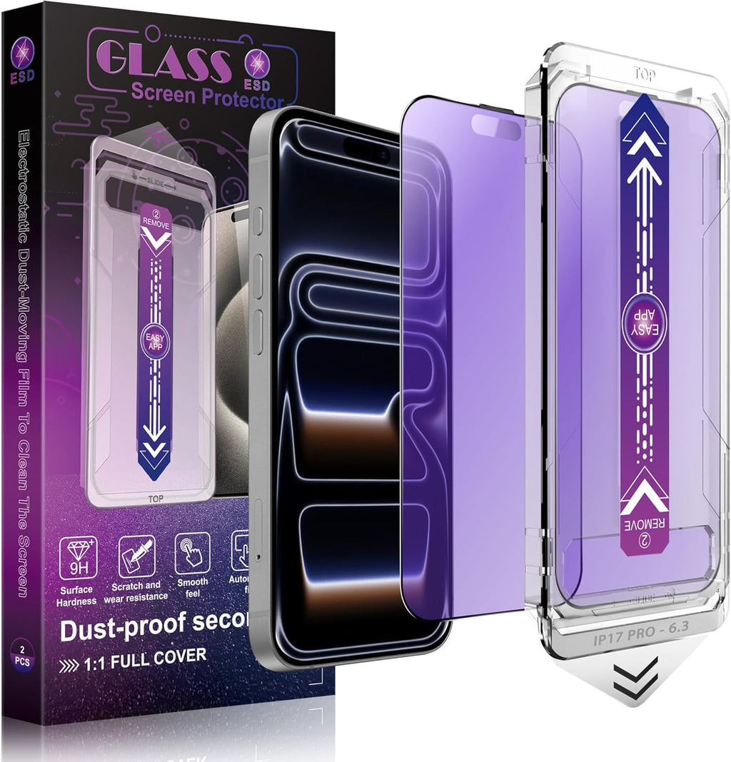 Anti Blue Light Matte Screen Protector for iPhone 17 Pro 6.3-Inch, Auto Dust Removal, 9H Tempered Glass, Full Cover, Anti-Fingerprint, Easy Installation, 2 Pack