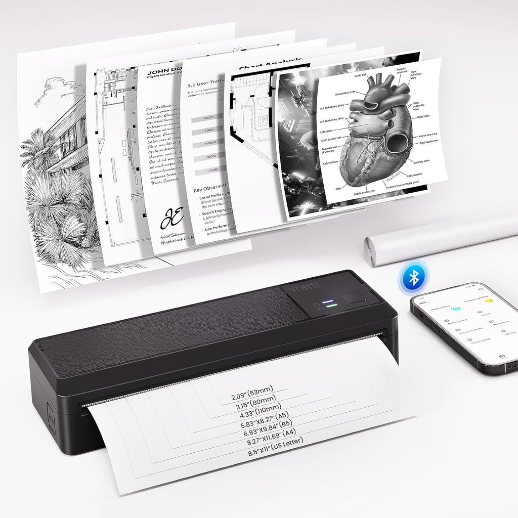 vretti P83 Portable Printers Wireless for Travel, A4 Portable Thermal Printer, Mobile Inkless Printer Compatible with Phone & Laptop, Supports 8.5 x 11 US Letter for Car School Office Home Use, Black