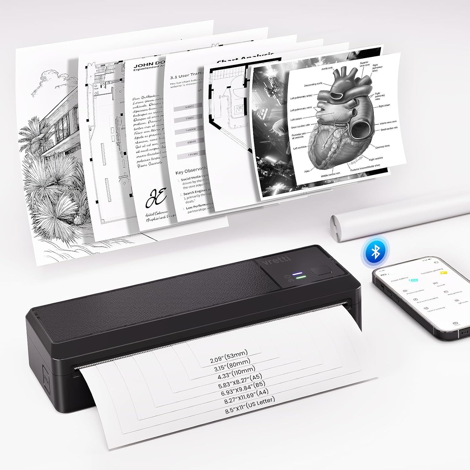 vretti P83 Portable Printers Wireless for Travel, A4 Portable Thermal Printer, Mobile Inkless Printer Compatible with Phone & Laptop, Supports 8.5 x 11 US Letter for Car School Office Home Use, Black