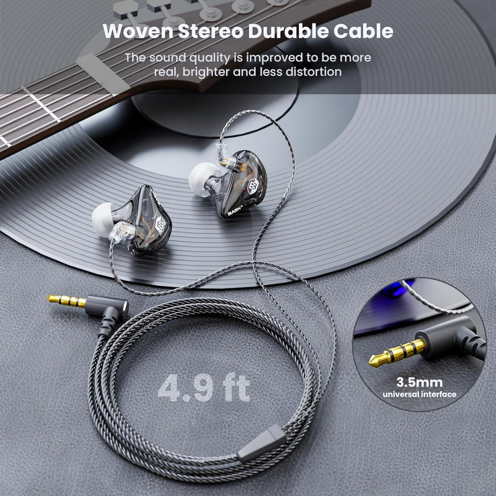 BASN Bsinger Professional in Ear Monitor Headphones, Dual Drivers 2-Pin IEM Earbuds with Mic, Clear Sound HiFi Earphones for Musicians Drummers and Stage (Black, 2-Pin)