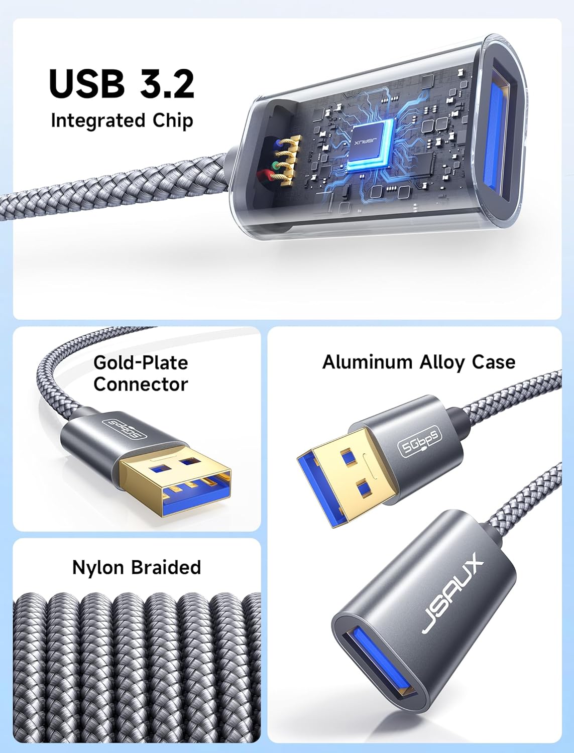 USB 3.0 Extension Cable 6.6FT, JSAUX USB A Male to Female Extension Cord Durable Braided Material Fast Data Transfer Compatible with USB Keyboard, Flash Drive, Hard Drive, Playstation, Xbox, Oculus VR