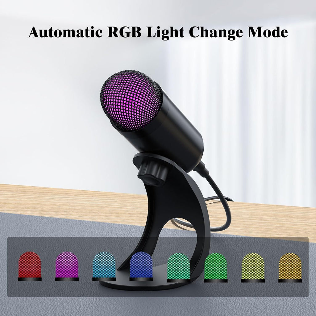 LIANGSTAR USB Computer Microphone, Podcast Mic Desktop with Mute Button for Recording Streaming, Color Change, Omnidirectional Condenser, Plug and Play with Stand for PC, Laptop, Mac, YouTube