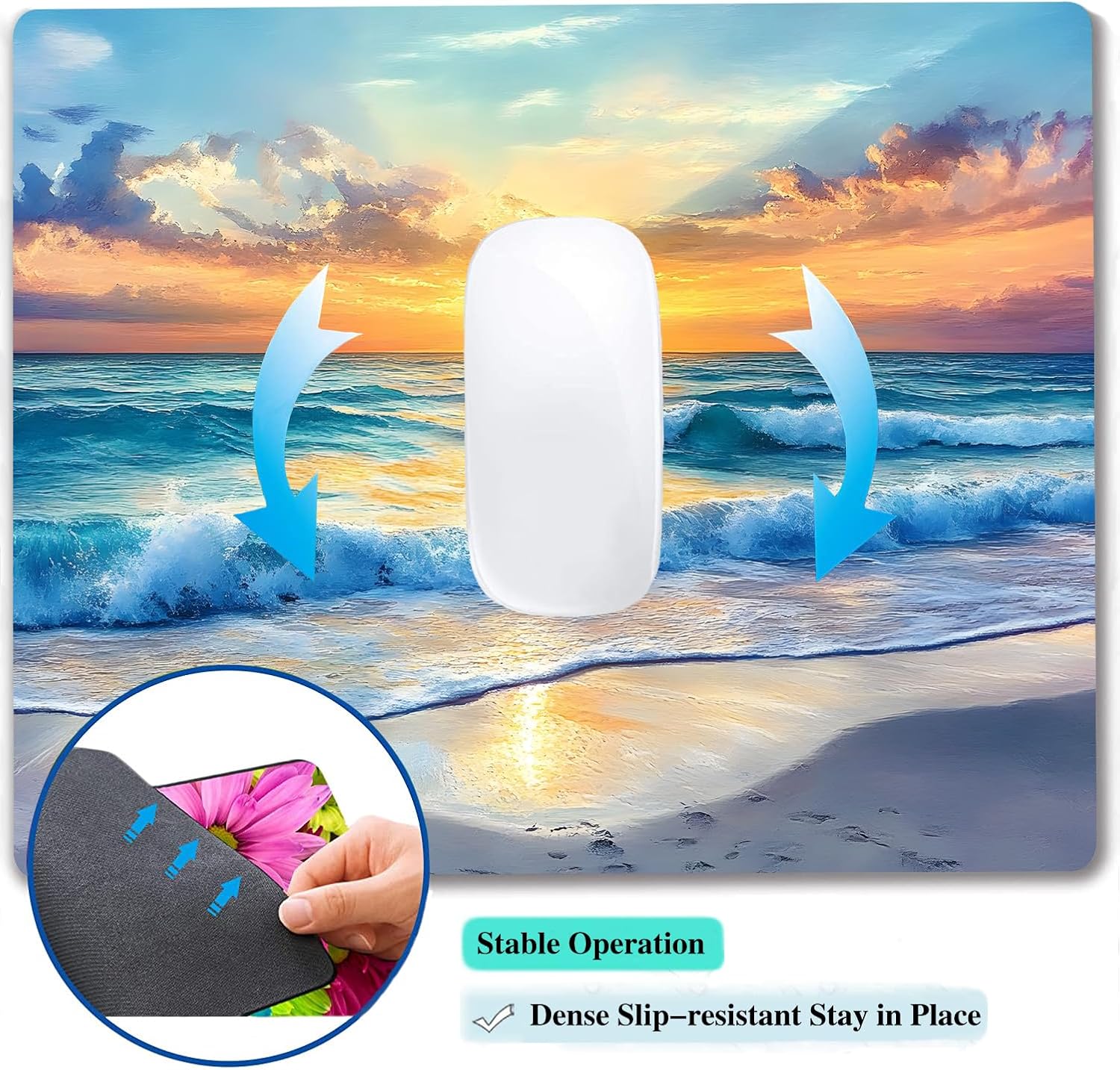 Aesthetic Sunrise Sunset Beach Custom Mouse Pad with Non-Slip Rubber, Small Square Design for Wireless Laptop & Computer Mouse Pads for Desk, 9.5 x 7.9 inch Smooth Surface for Gaming & Office