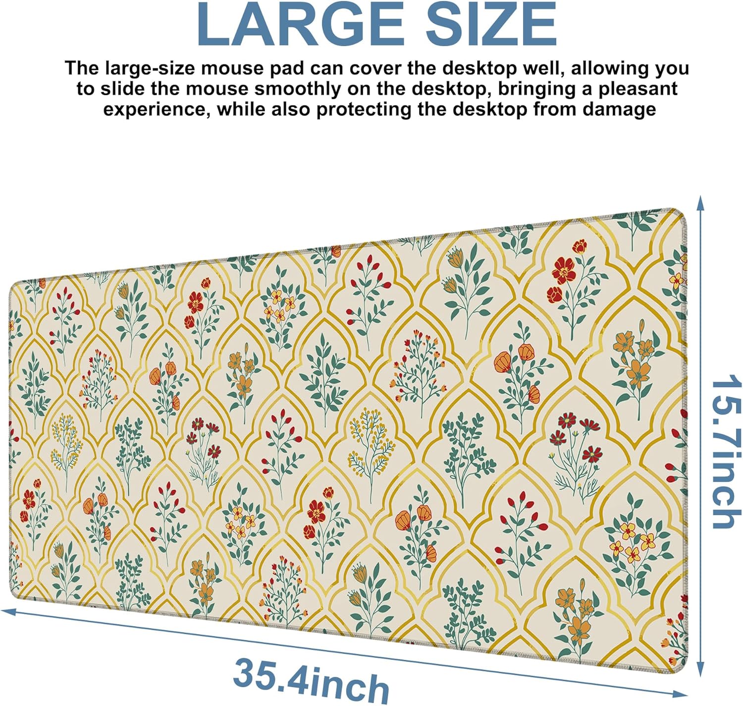 Large Mouse Pad Decorative Floral Gaming Desk Pad Computer Keyboard Non-Slip Waterproof Mouse Mat with Rubber Base and Stitched Edges Entertainment Office Writing Desk Mat 35.4 x 15.7 Inches