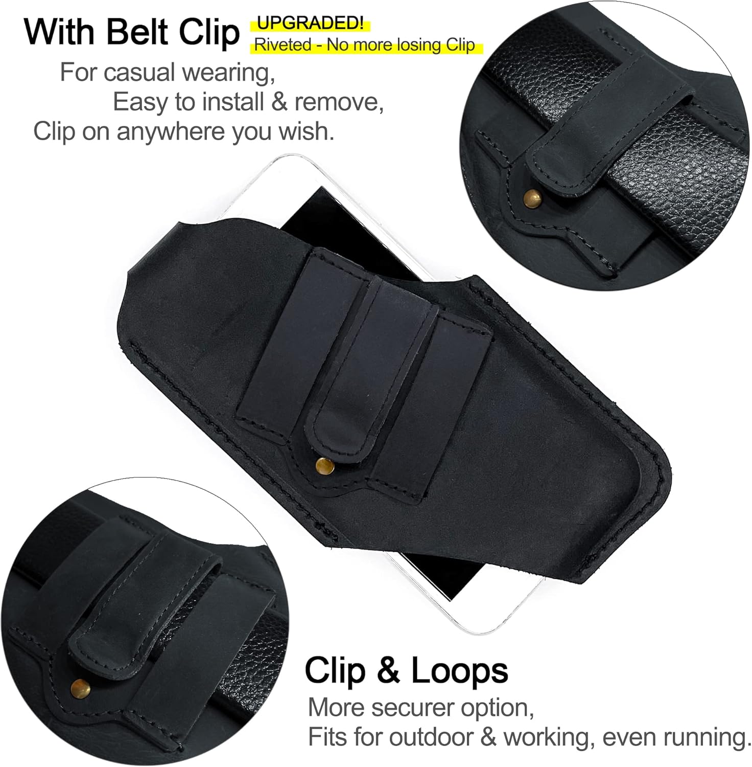 TobbinGear Leather Cell Phone Holster with Belt Clip, Universal Phone Holster for Men Belt Holder, Leather Case for iPhone, Samsung Galaxy Phones, Right Hand, Medium, Black