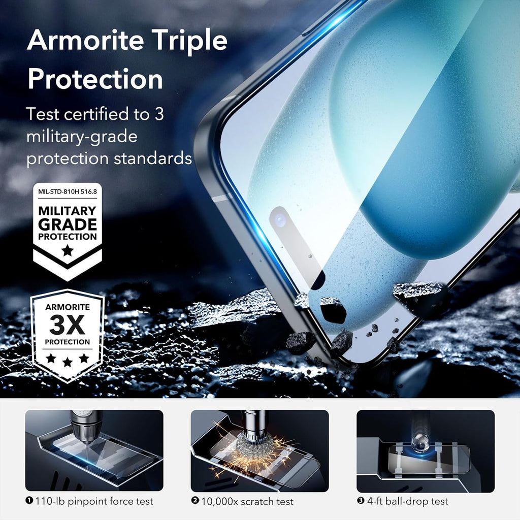 ESR 3+2 Pack for iPhone 15 Plus Screen Protector, [9H Hardness] [Military Grade Shatterproof] Full Coverage Ultra-tough Tempered Glass Film with Flawless Fit Tray, 2 Set of Camera Lens Protector