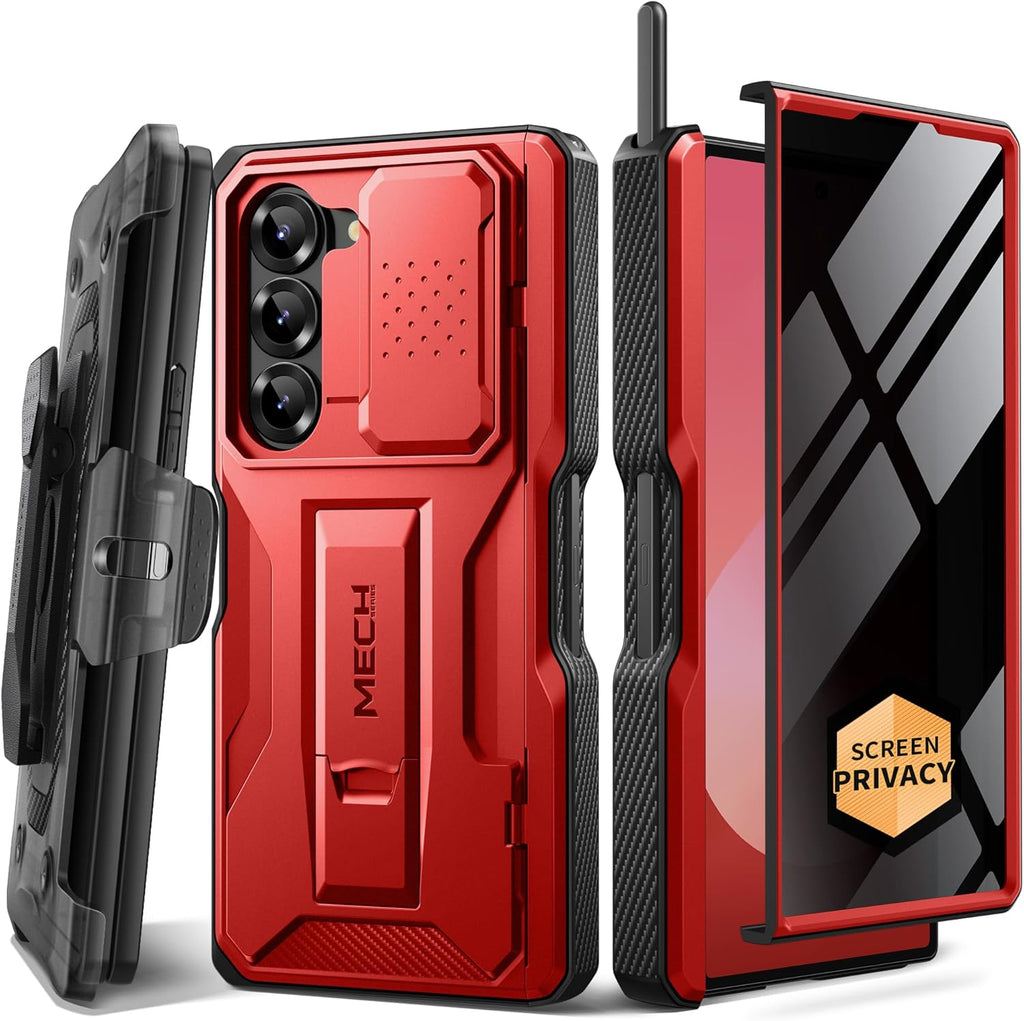 TONGATE for Z Fold 6 Case, [with S Pen Slot & Hinge Protection] [Privacy Glass Screen Protector] Full-Body Military Drop Phone Case for Samsung Galaxy Z Fold 6 with Kickstand & Belt Clip, Red Privacy