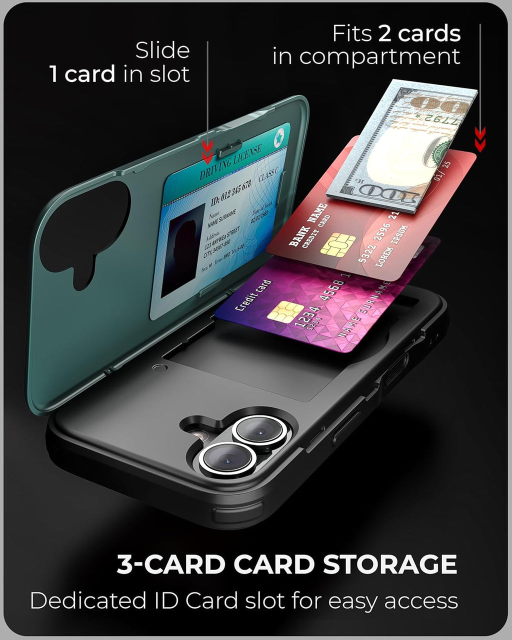 TORU CX Slim for iPhone 16 Case Wallet | Protective Shockproof Heavy Duty Cover with Hidden Card Holder & Card Slot | Mirror & Wrist Strap Included - Green