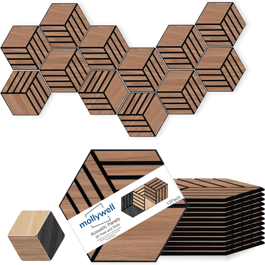 Mollywell Hexagon Acoustic Panels, Walnut TW4, 14x12x0.4 Inch, 12 Pack |Wood Veneer|High Density Sound Proofing Wall Panels|Self Adhesive Sound Dampening Felt Wall Tiles|Home Theater|Gaming Room|