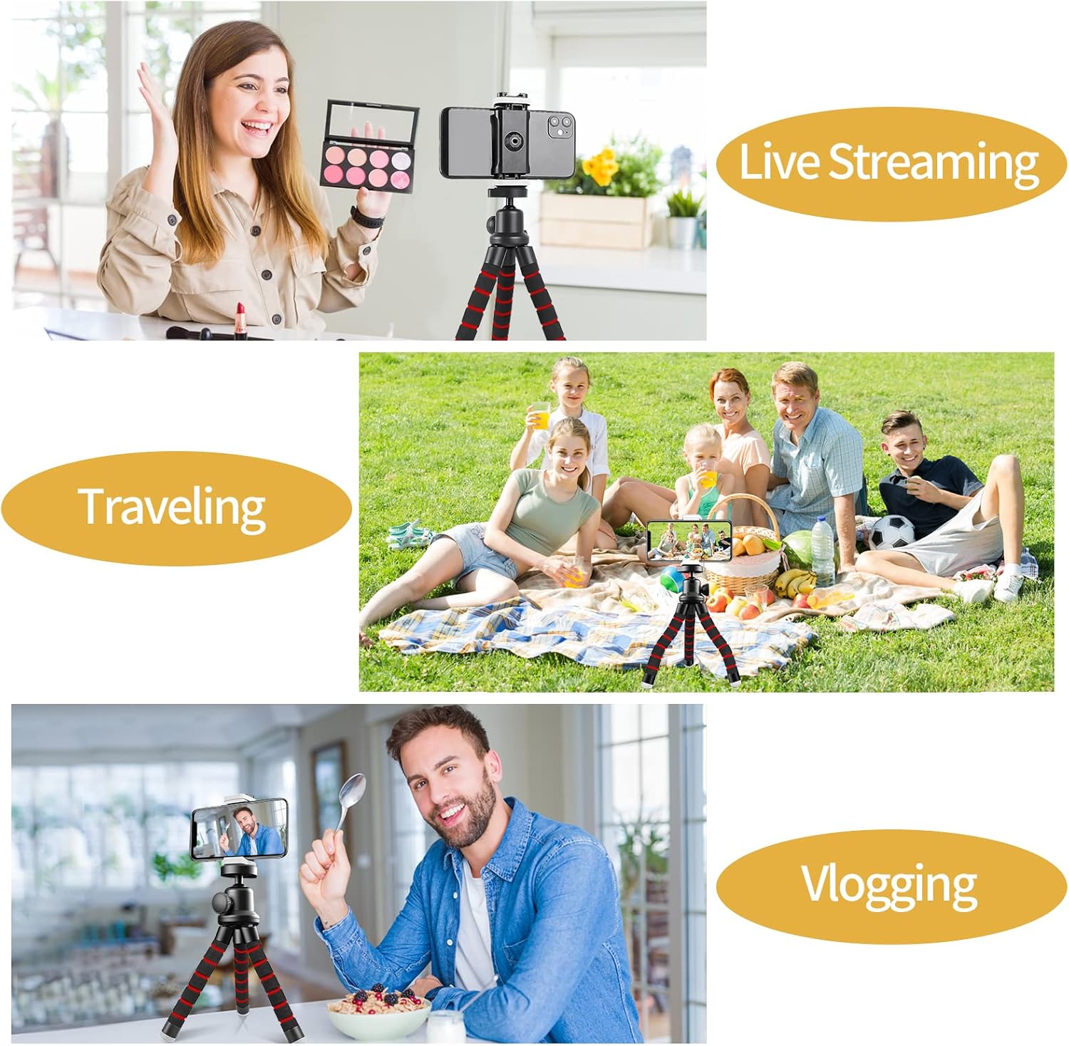 Sensyne Phone Tripod, Flexible Cell Phone Tripod with Phone Holder and Wireless Remote, Mini Travel Tripod Stand, Compatible with All Cell Phones, Cameras (Red)