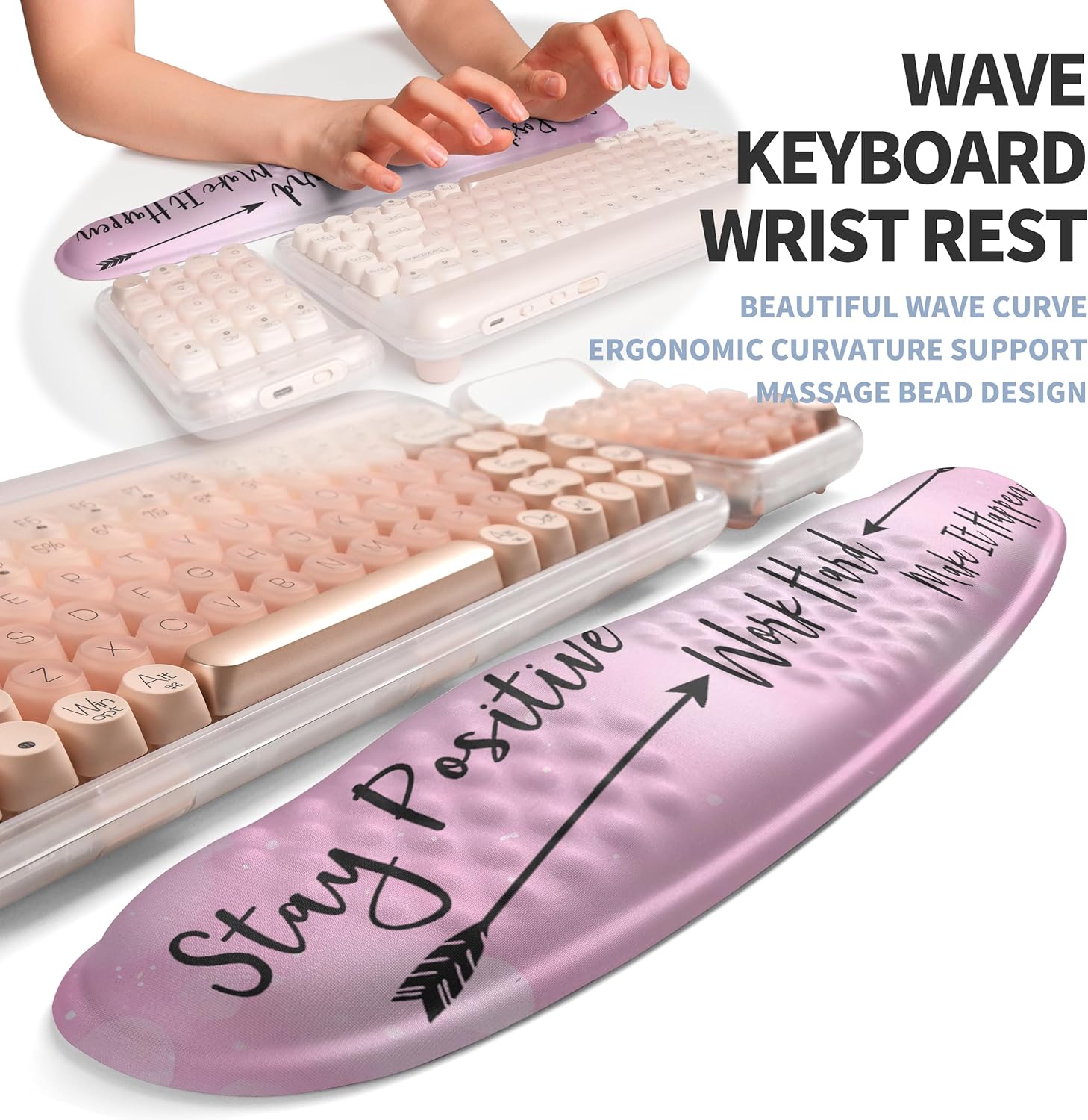 2-in-1 Ergonomic Set, Wave Keyboard Wrist Rest and Massage Slope Mouse Pad Wrist Support, Rebound Memory Foam for Relieve Carpal Tunnel Syndrome and Wrist Pain (Stay Positive)