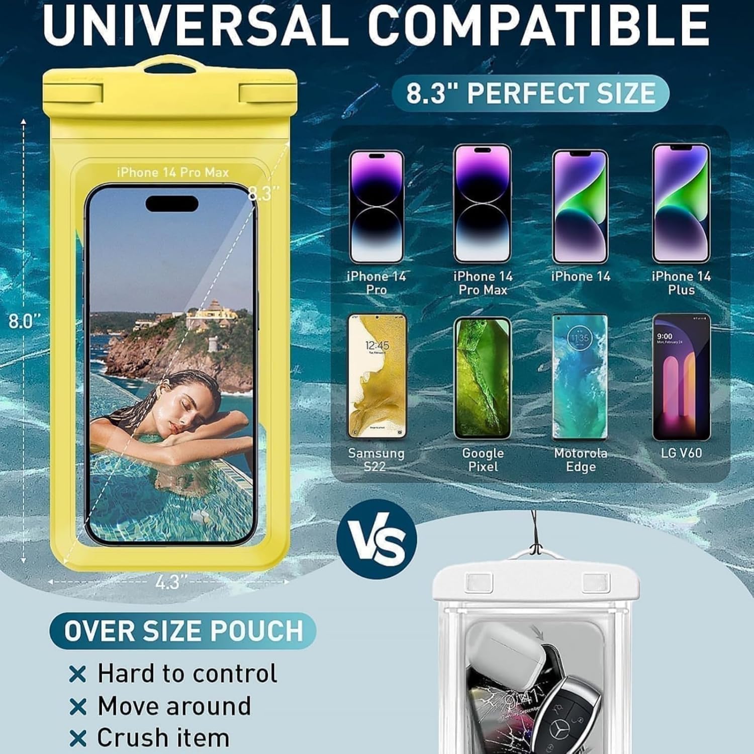 Universal Waterproof Phone Case,with Inside Card, Certified and Lightweight Waterproof Cellphone Pouch Under Water Beach Accessories for iPhone 16 15 14 13 Pro Max, 1 Pack-Yellow-8.3″