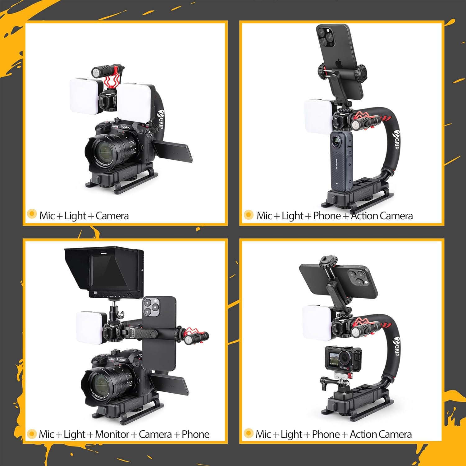 Zeadio Camera Stabilizer, Handle Grip Handheld Stabilizer with LED Video Light and Microphone, Fits for All Camcorder, Camera, DSLR, Action Camera and All Smartphones