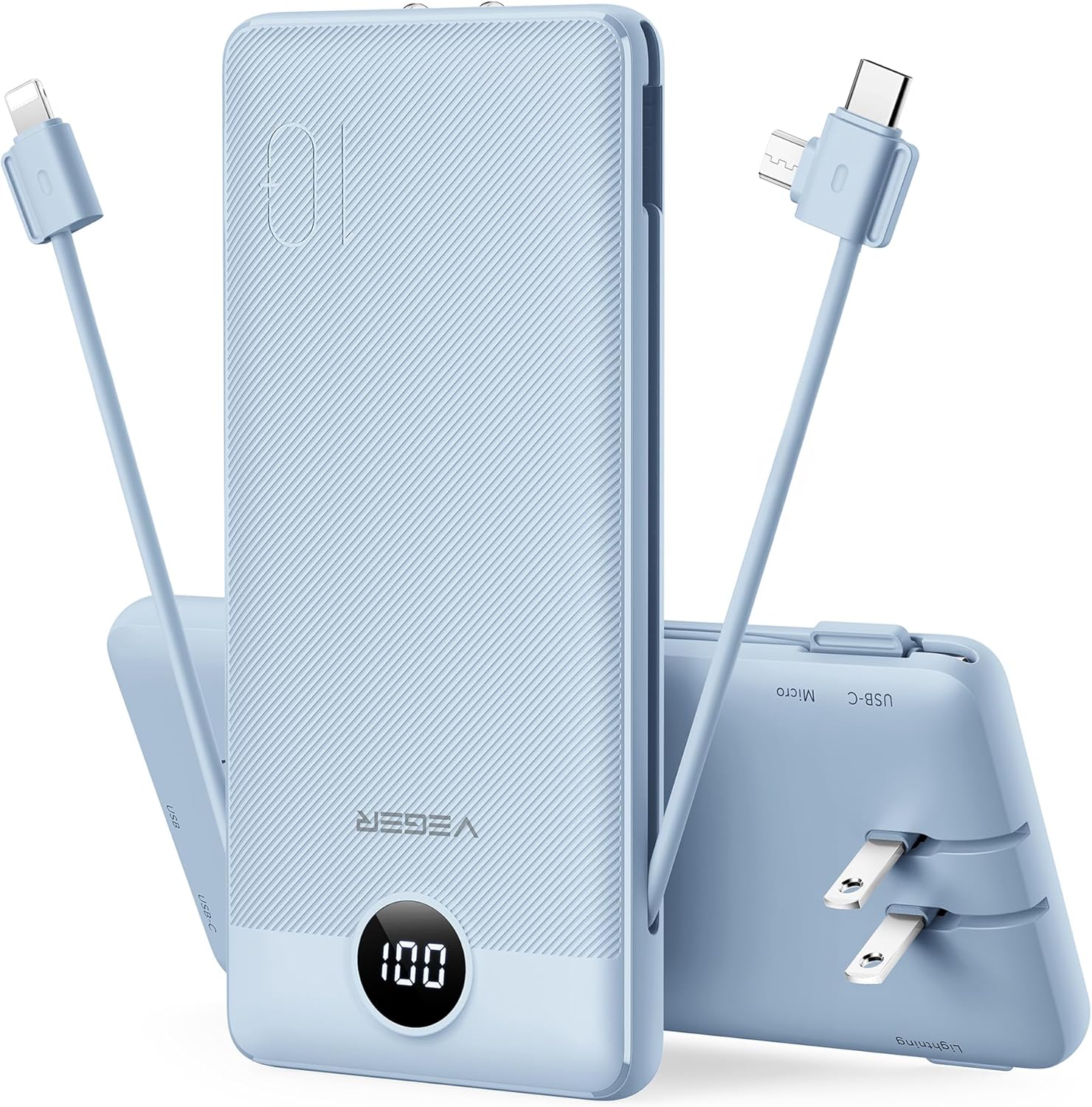VEGER Portable Charger for iPhone Built in Cables and Wall Plug, 10000mah Slim Fast Charging USB C Power Bank, Travel Essential Battery Pack Compatible with iPhones, iPad, Samsung More Devices(Blue)