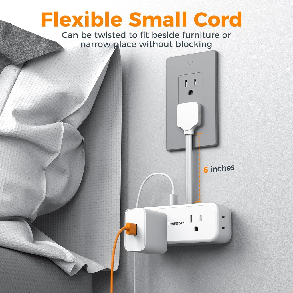 Small Extension Cord 6 inch, TESSAN Thin Flat Plug Power Strip with 4 AC Outlets 3 USB (1 USB C) Ports, Silm Charging Station Desk Organizers for Home Bedroom Hotel Office Desktop Accessories