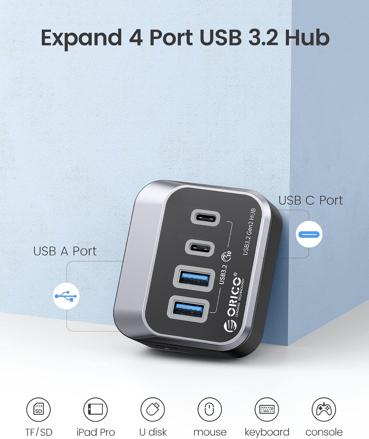 ORICO USB Hub 10Gbps with 2 USB A Ports+2 USB C Ports, USB 3.2 Gen 2 Hub with 1.64Ft USB-C Cable and USB-A Adapter USB Splitter for iMac, MacBooks, Mac Mini