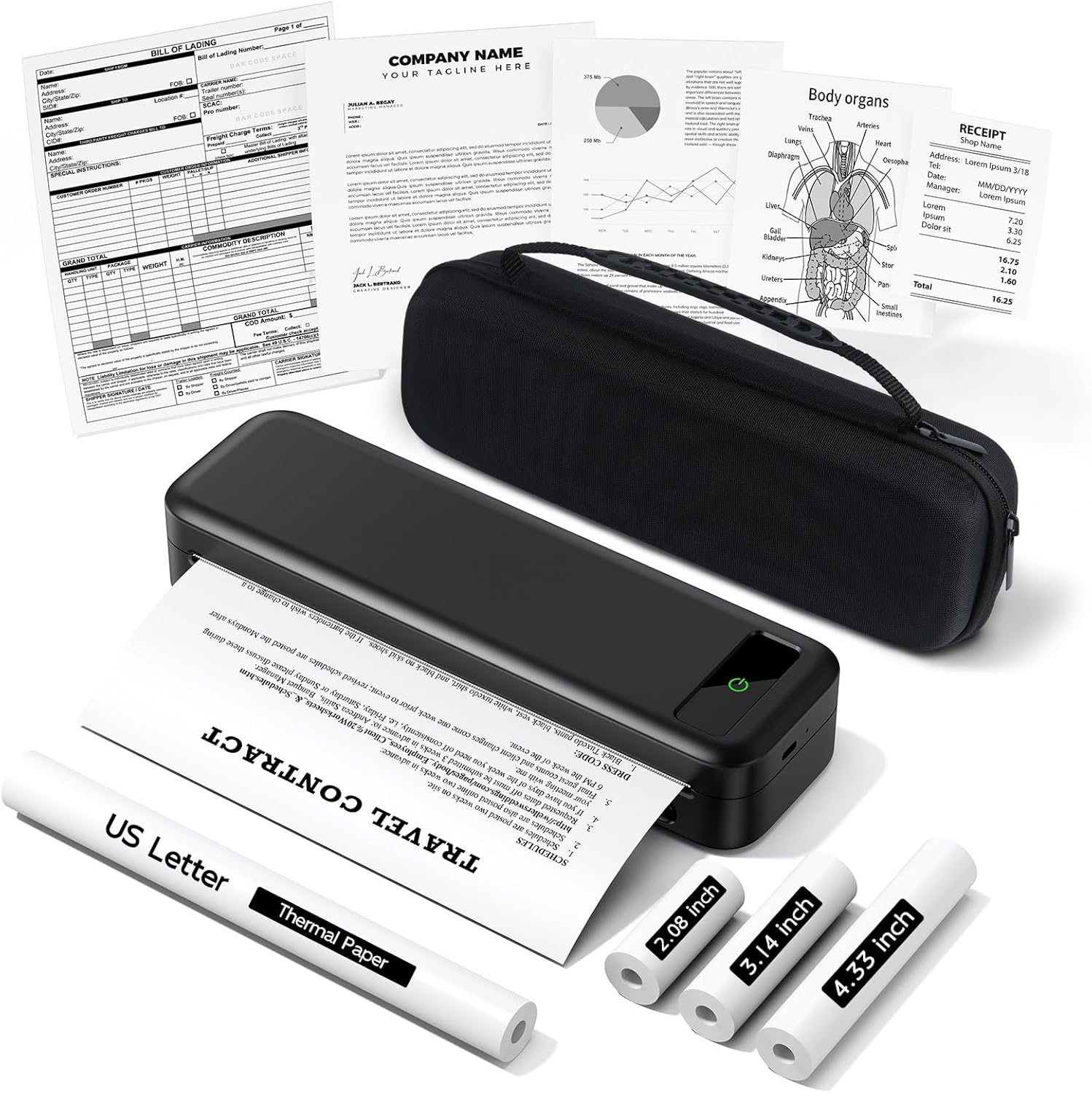 Portable Printers Wireless for Travel, Bluetooth Inkless Thermal Printer Support 8.5" X 11" US Letter, Mobile Printer for Phone Laptop, with Case and 4 Rolls Thermal Paper Kit, for Home Office Receipt