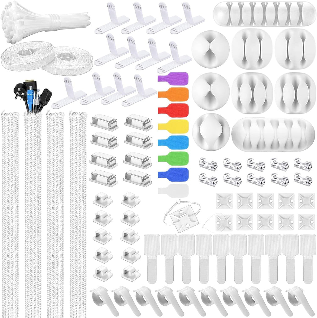 193 PCS Cable Management Kit - 4 Cable Sleeve, 57 Self Adhesive Cable Clips, 12 Hanging Strips, 12 Cable Organizer Straps and 100 Fastening Cable Ties for TV Computer Under Desk (White)