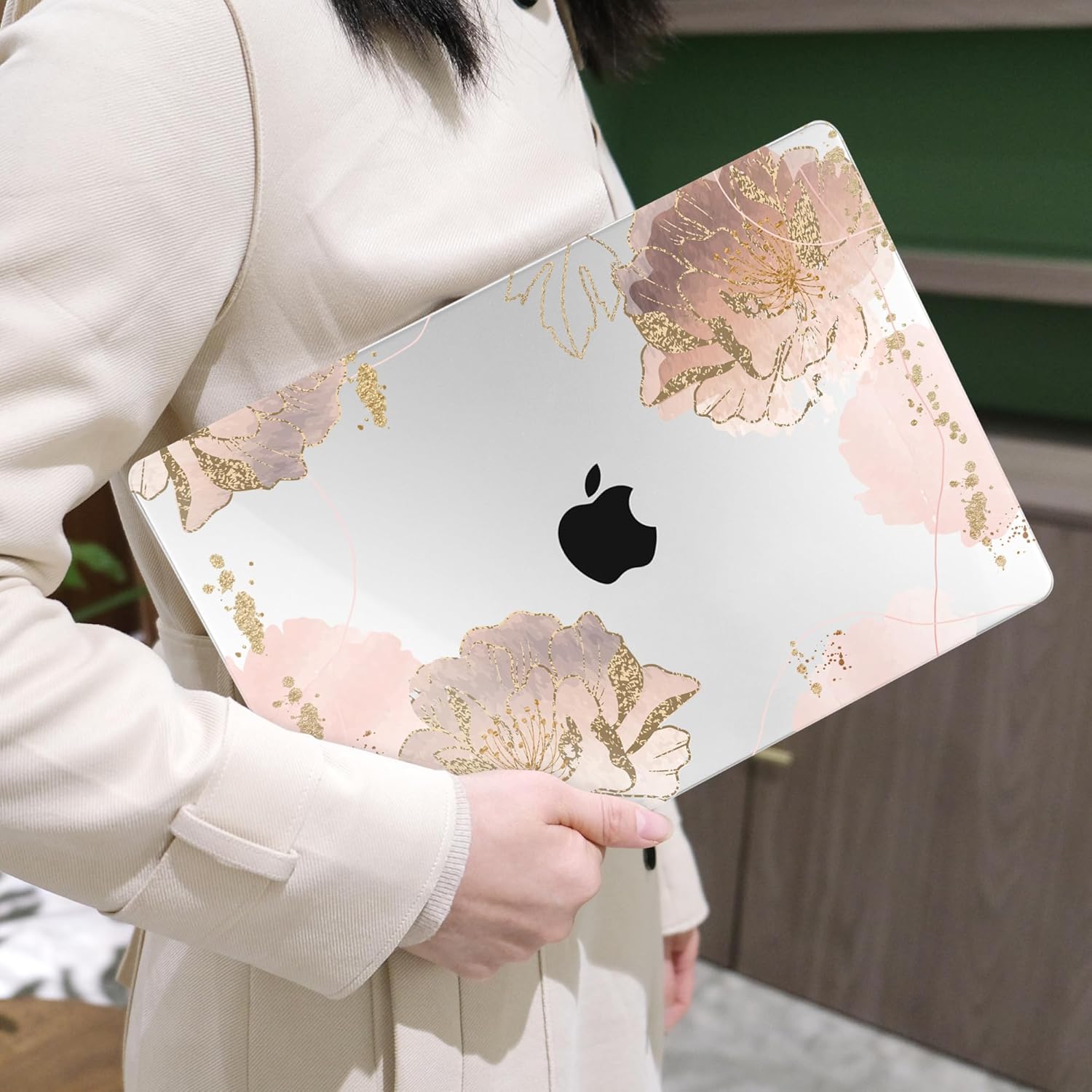 MEEgoodo for MacBook Air 13.3 inch Case 2021 2020 2019 2018 A2337 M1 A2179 A1932, Hard Shell with Keyboard Webcam Cover & Trackpad Film & Type C Adapter for MacBook Air M1, Pink Peony Flowers