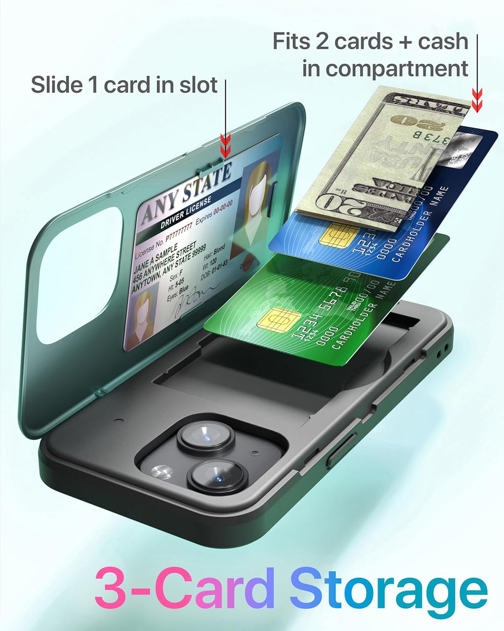 TORU CX Slim for iPhone 15 Case Wallet | Protective Shockproof Heavy Duty Cover with Hidden Card Holder & Card Slot | Mirror & Wrist Strap Included - Green