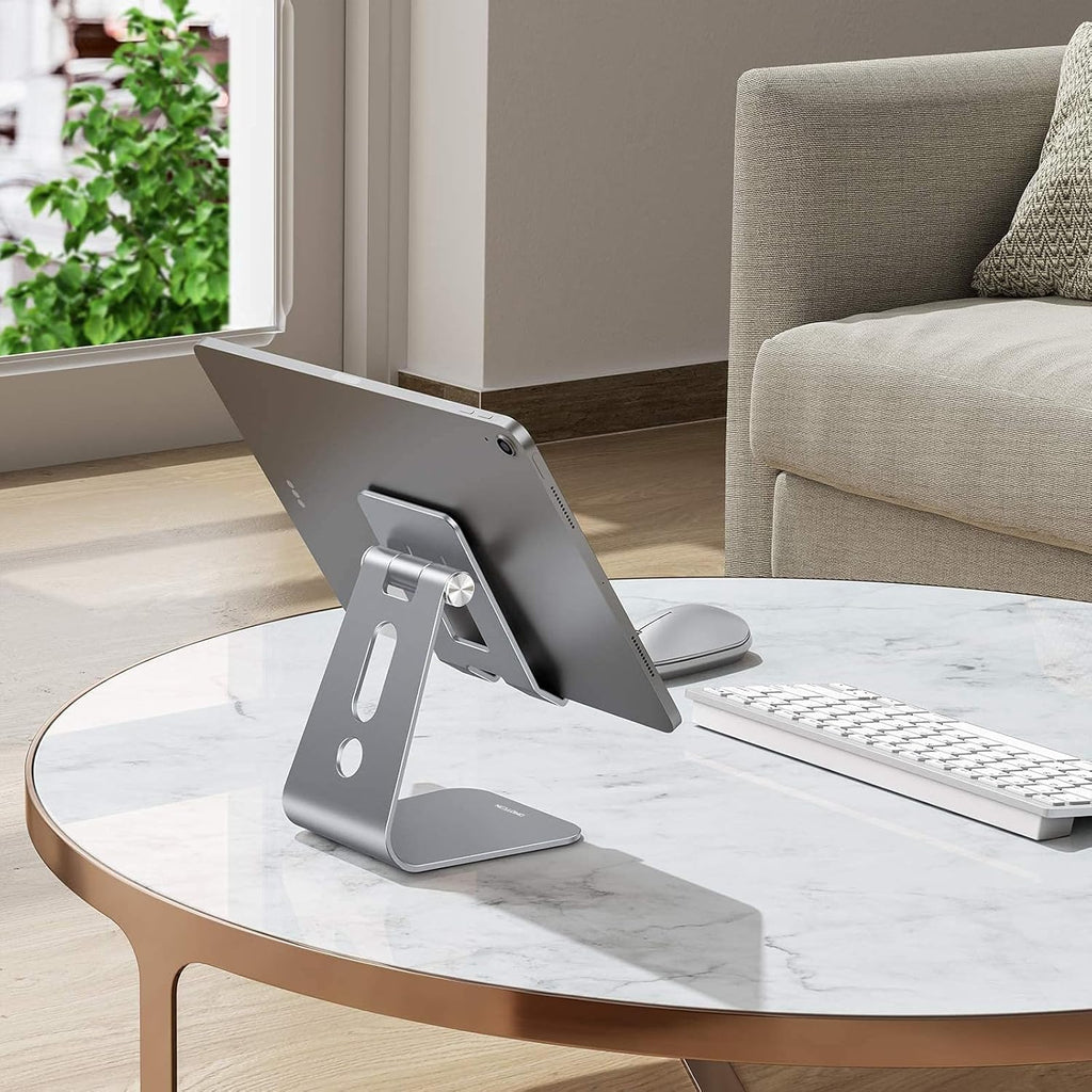 OMOTON Adjustable Tablet Stand for Desk, Upgraded Longer Arms for Greater Stability, T2 Tablet Holder with Hollow Design for Bigger Sized Phones and Tablets Such as iPad Pro/Air/Mini, Grey