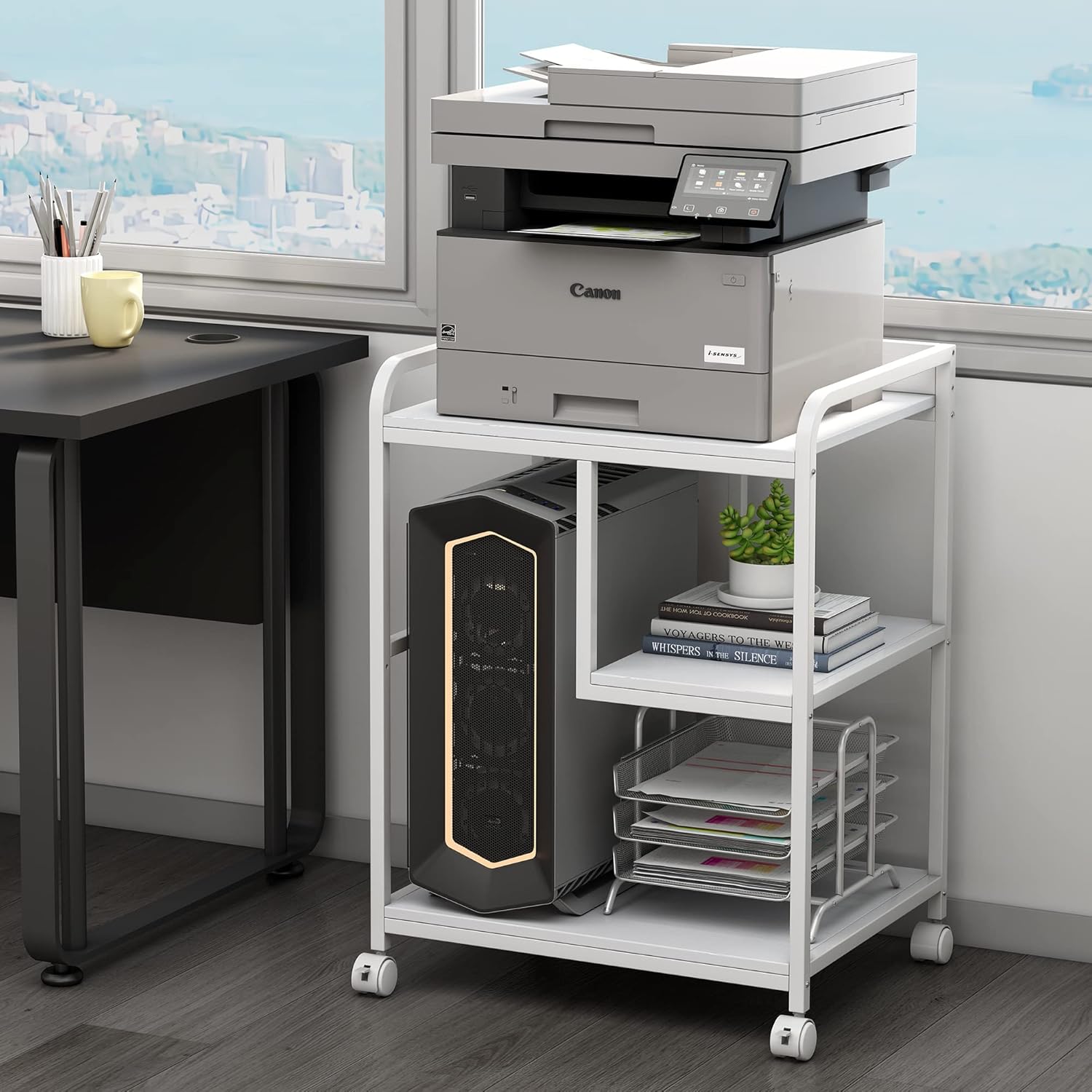 Large Printer Stand Table with Storage Shelf for Host Computer, PC Tower, CPU and Shredder, 3 Tier Rolling Printer Cart with Wheels for Home Office Storage and Organization - White
