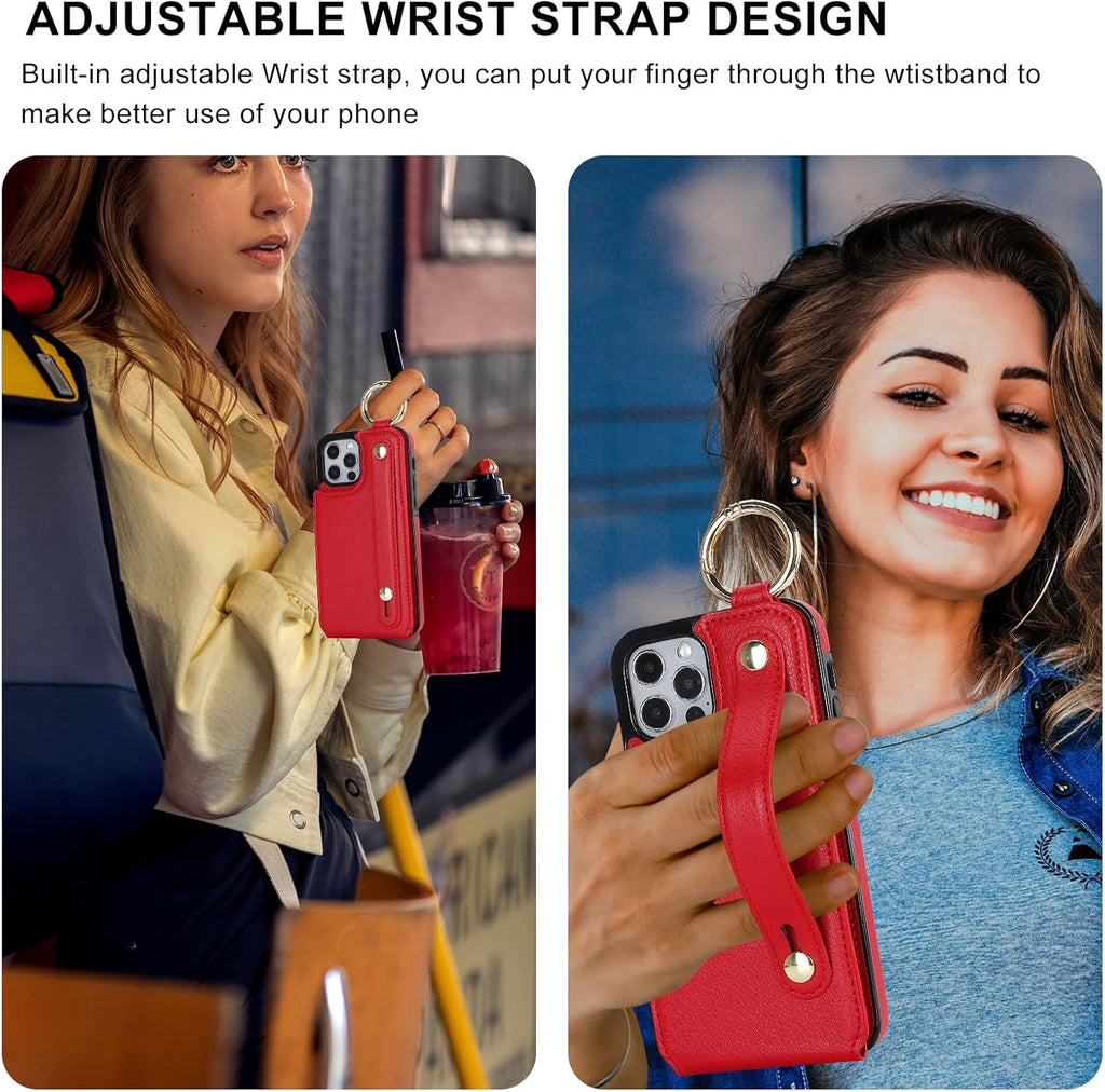 Folosu for iPhone 12/12 Pro Wallet Case with Card Holder, Hand Wrist Strap Loop Holder Kickstand, RFID Blocking Finger Grip Ring PU Leather Double Buttons Shockproof Cover 6.1 Inch Red