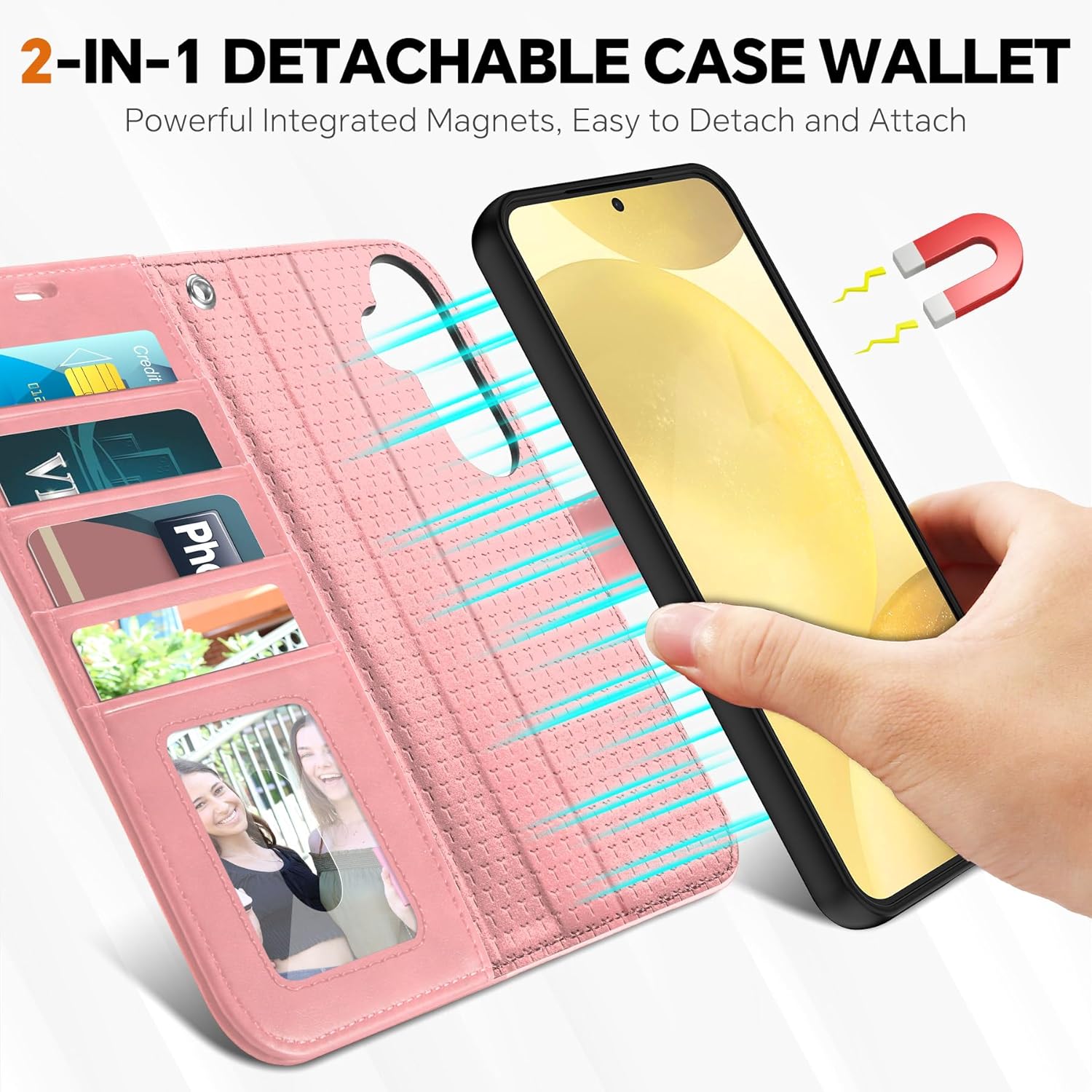 TUCCH Case for Galaxy S25 Plus, [Detachable] Wrist Strap Magnetic PU Leather Wallet Case with RFID Blocking [Wireless Charging] 4 Card Slot Stand Removable Cover for Galaxy S25 Plus 6.7", Rose Gold