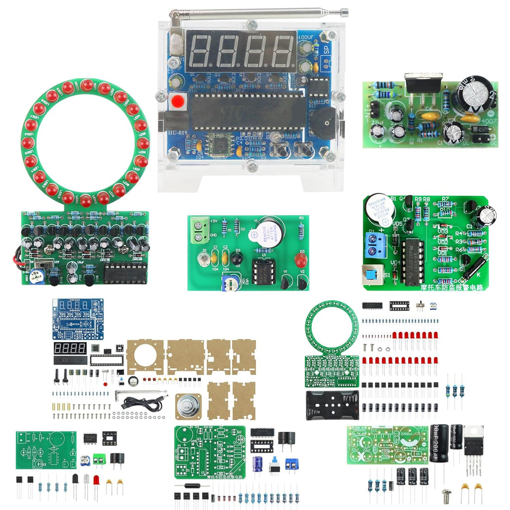 Soldering Practice Kit 5in1 DIY Power Amplifier Circular LED Vibration Alarm Anti-Theft Infrared Sensing Alarm Kit Plug-in Circuit Learn Soldering Kit for Beginners