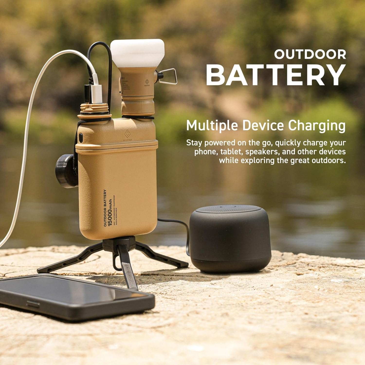 ELECOM NESTOUT Rugged Power Bank, 15000mAh Outdoor Charger, 32W USB C Fast Charging PD, Waterproof IP67, Heavy Duty Shockproof, Tactical Battery Pack for iPhone Tablet Hiking Camping Survival (Black)