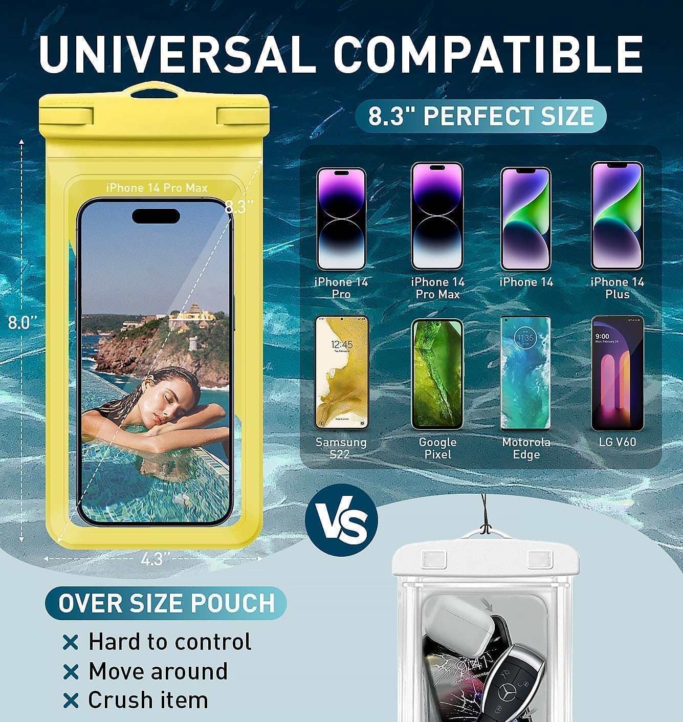 Waterproof Phone Case,with Inside Card Protector, IPX8 Cell Phone Dry Bag Up to 8.3" for iPhone 16 15 14 13 12 Pro Max XS Plus Galaxy S22, Cruise Vacation Essentials, 2 Pack Black &Yellow