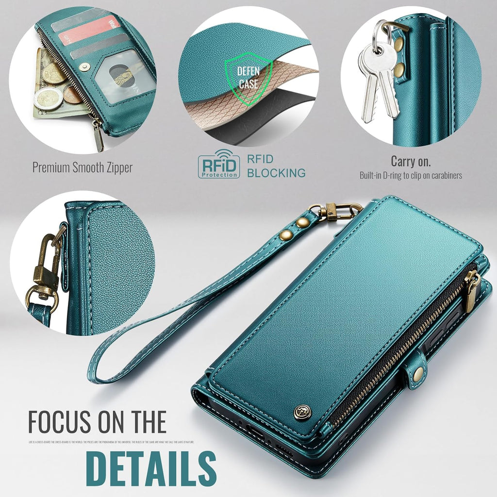 Defencase for Galaxy A26 5G Case Wallet with RFID Blocking Card Holder for Women Men, Fashion PU Leather Magnetic Snap Flip Zipper Wrist Strap Wallet Phone Case for Samsung Galaxy A26 5G, Blue Green