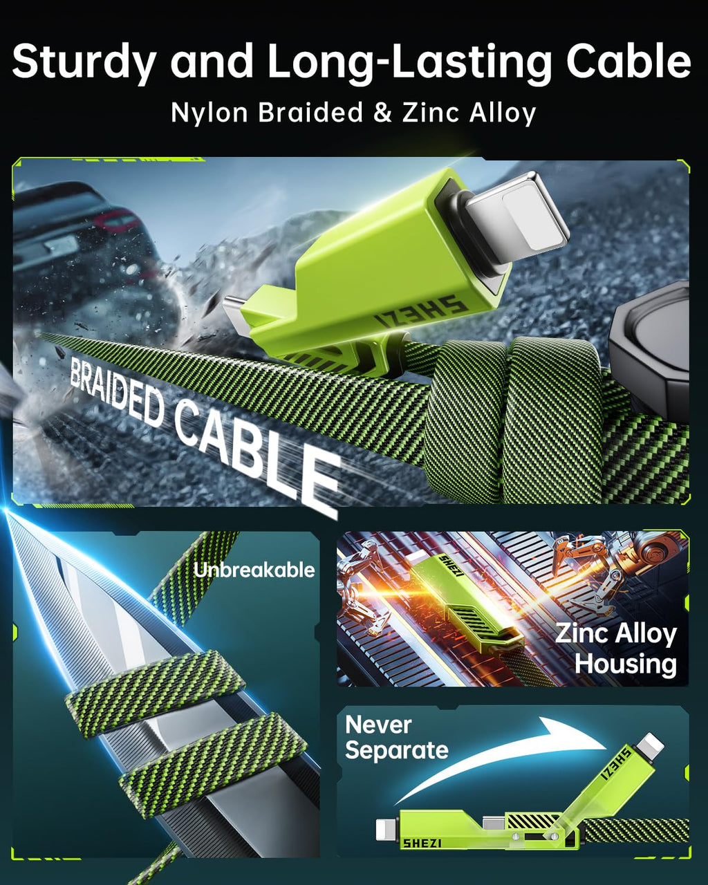 SHEZI [Upgraded 2.0 4-in-1 USB C Cable 60W 5FT Fast Charging [480Mbps Data Transfer] Flat Nylon Braided Charger Cord Combo, USB A/C to C/L Multi Charge Cable for iPhone/iPad & Most Devices, Green
