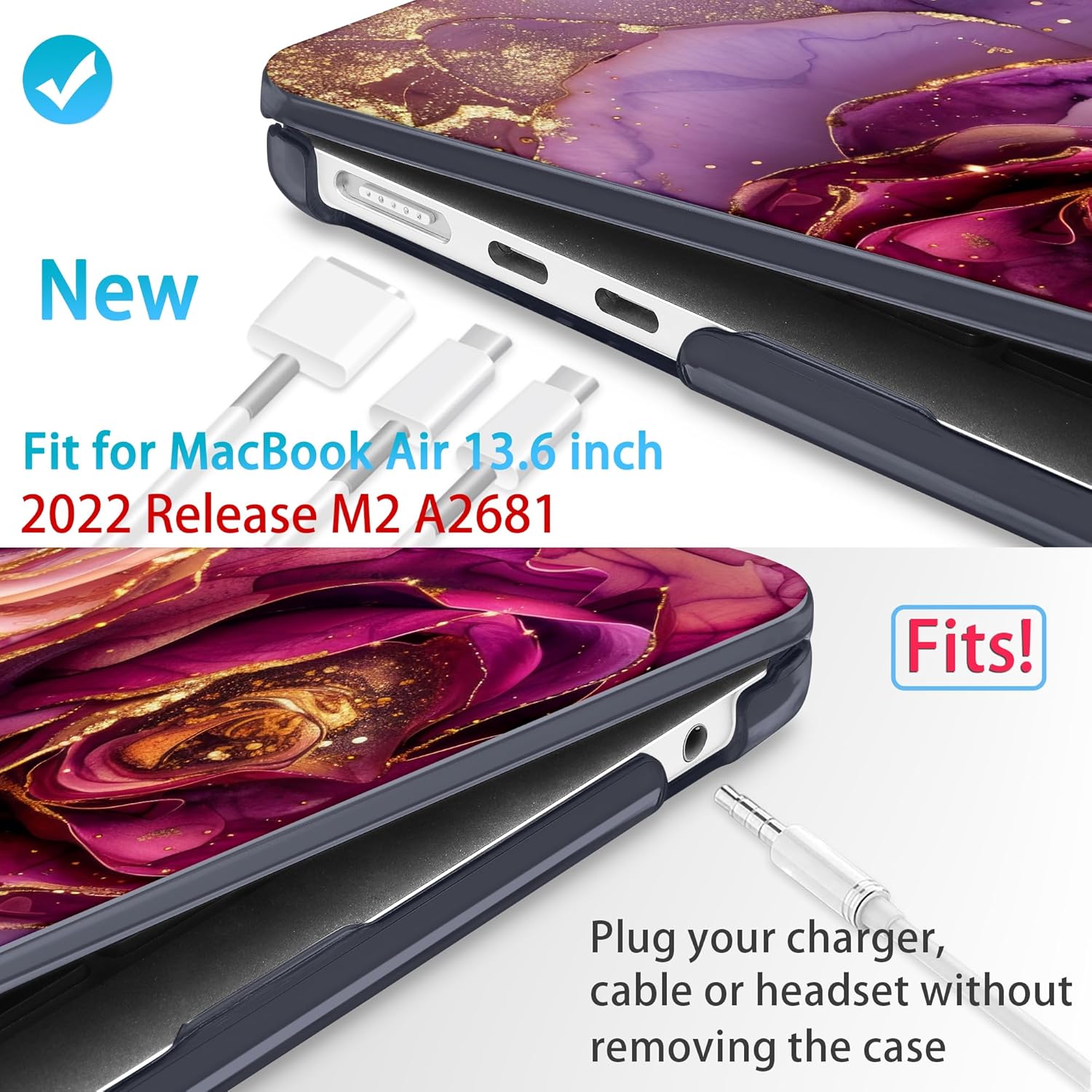 Mektron for 2025 M4 MacBook Air 13.6 Inch A3240 Case Fits 2023 A2681 M2 2024 A3113 M3 Chip with Liquid Retina Display Touch ID, Printed Plastic Hard Shell Cover for MacBook Air 13.6", Marble Flowers