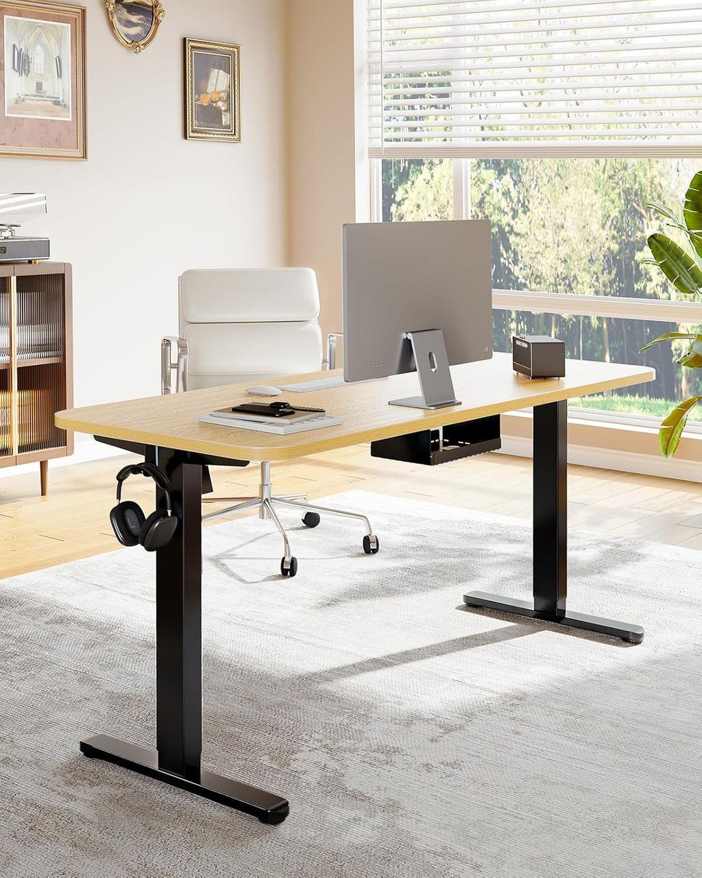HUANUO Standing Desk Frame with 220lbs Powerful Brushless Motor, Double Crossbeam Structure, Thick Adjustable Desk Legs, for Max 35.4″ x 86.6″ Desktop, for Home Office, Black Frame Only