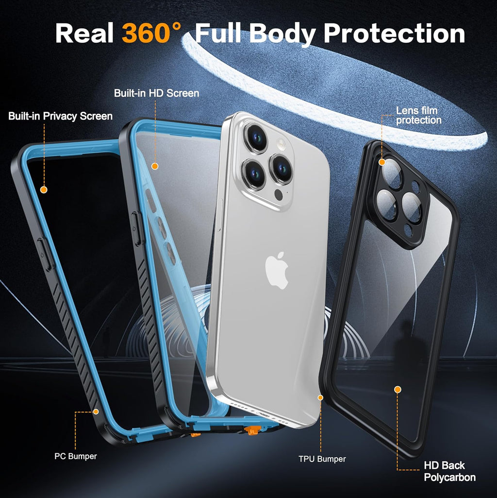 for iPhone 15 Pro Case Waterproof - Built-in Privacy Screen Protector & HD Screen Protector [IP68 Underwater] Shockproof Dustproof Full Body Protection iPhone 15 Pro Phone Case Blue