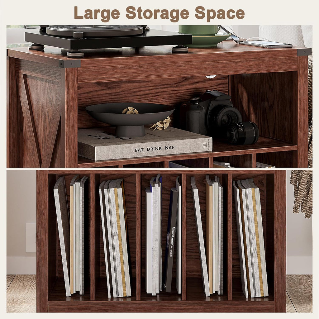 ChooChoo Large Record Player Stand with Charging Station & LED Light, Vinyl Record Holder hold up to 300 Albums, Farmhouse End Table for Bedroom, Living Room, Walnut