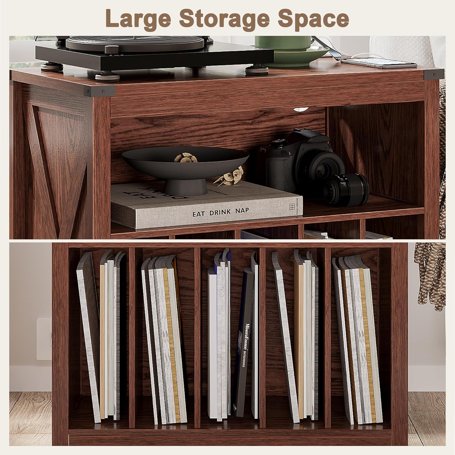 ChooChoo Large Record Player Stand with Charging Station & LED Light, Vinyl Record Holder hold up to 300 Albums, Farmhouse End Table for Bedroom, Living Room, Walnut