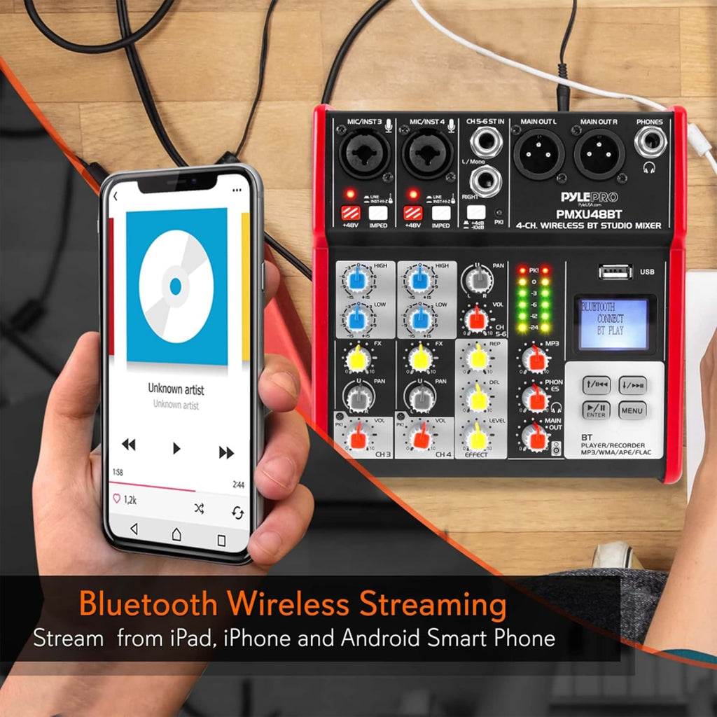 Pyle Studio Audio Sound Mixer Board - 4 Channel Bluetooth Compatible Professional Portable Digital DJ Mixing Console W/USB Mixer Audio Interface - Mixing Boards for Studio Recording
