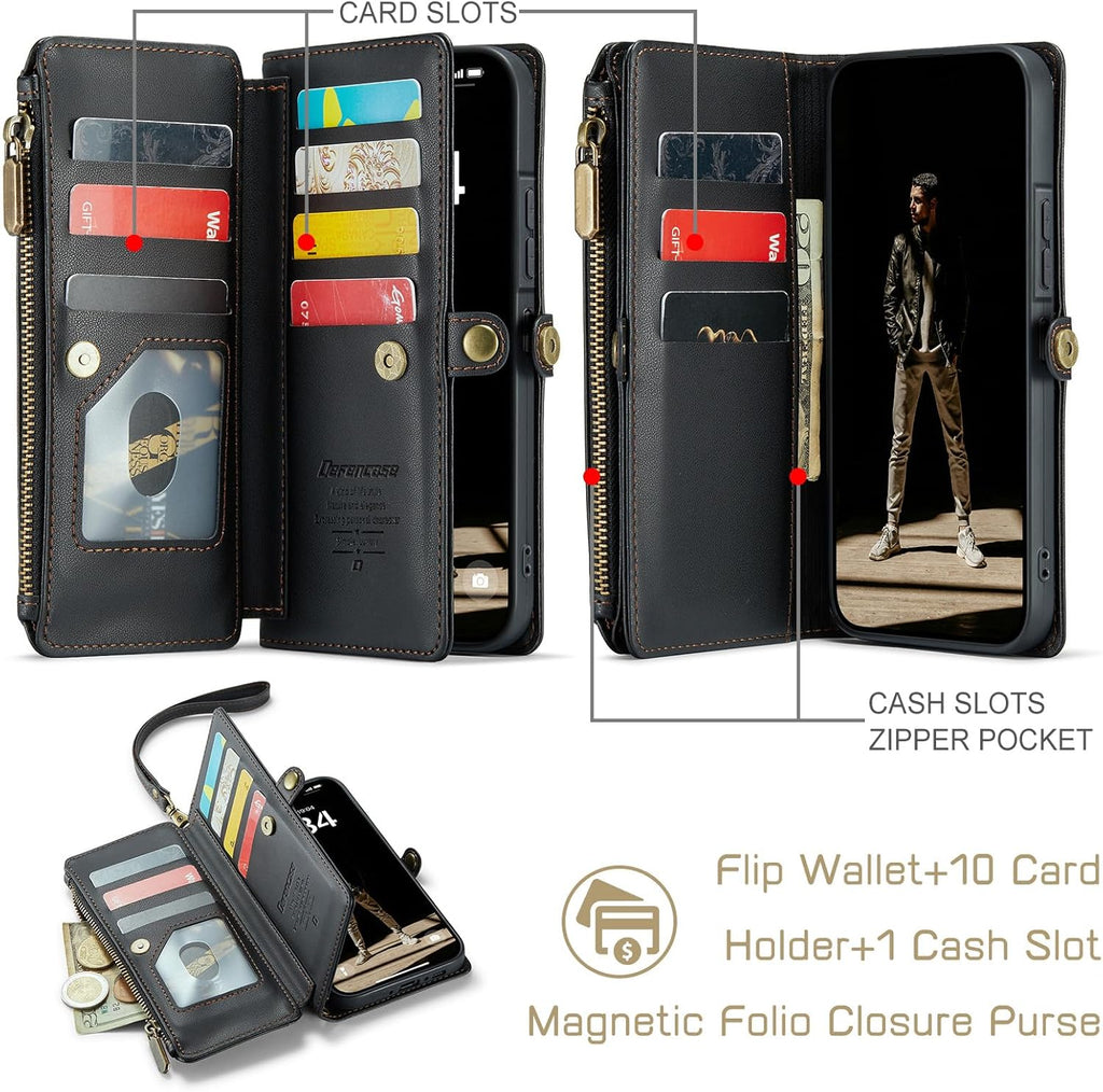 Defencase for Galaxy A26 5G Case Wallet with RFID Blocking Card Holder for Women Men, Fashion PU Leather Magnetic Snap Flip Zipper Wrist Strap Wallet Phone Case for Samsung Galaxy A26 5G, Black