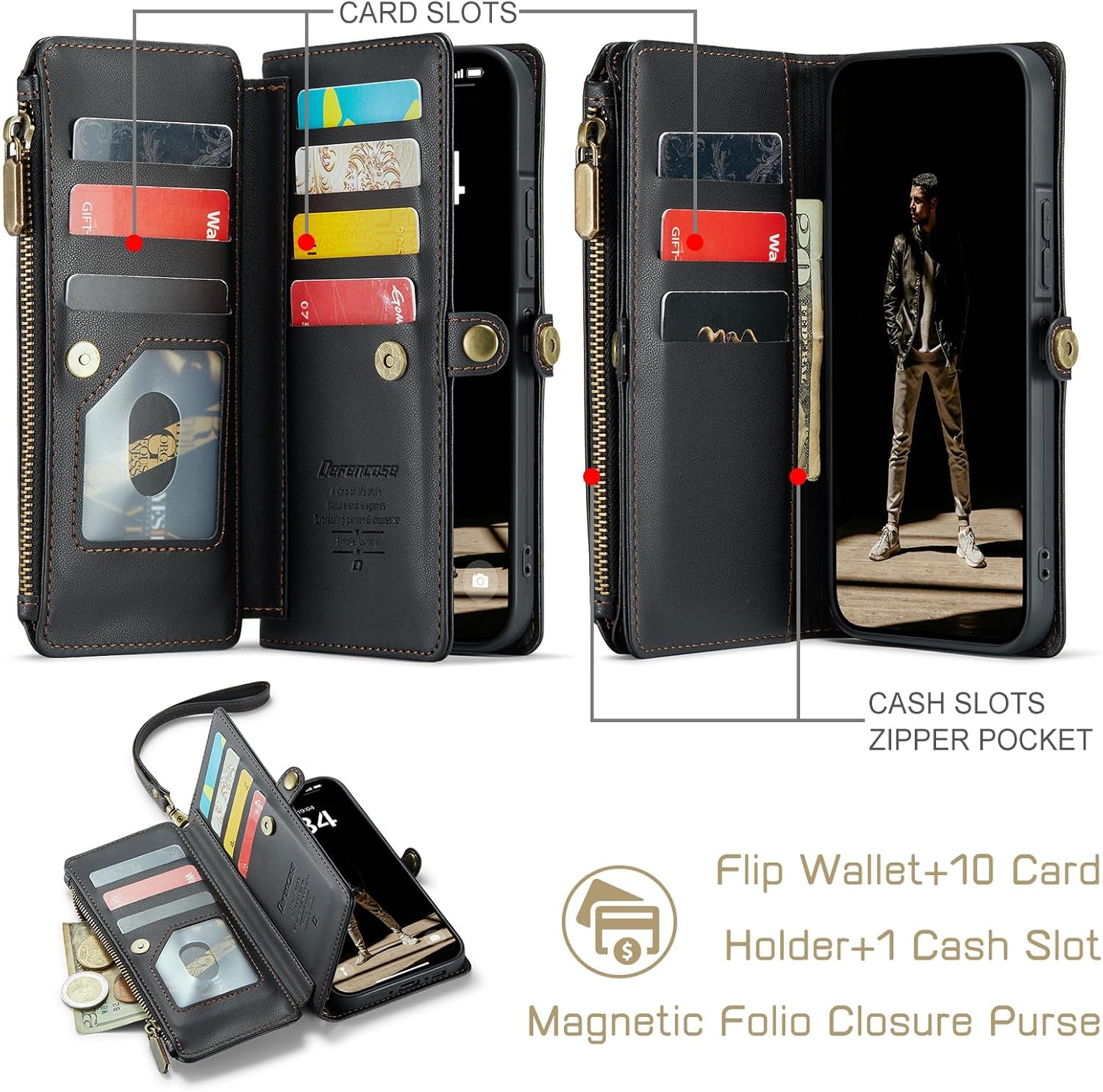 Defencase for Galaxy A26 5G Case Wallet with RFID Blocking Card Holder for Women Men, Fashion PU Leather Magnetic Snap Flip Zipper Wrist Strap Wallet Phone Case for Samsung Galaxy A26 5G, Black