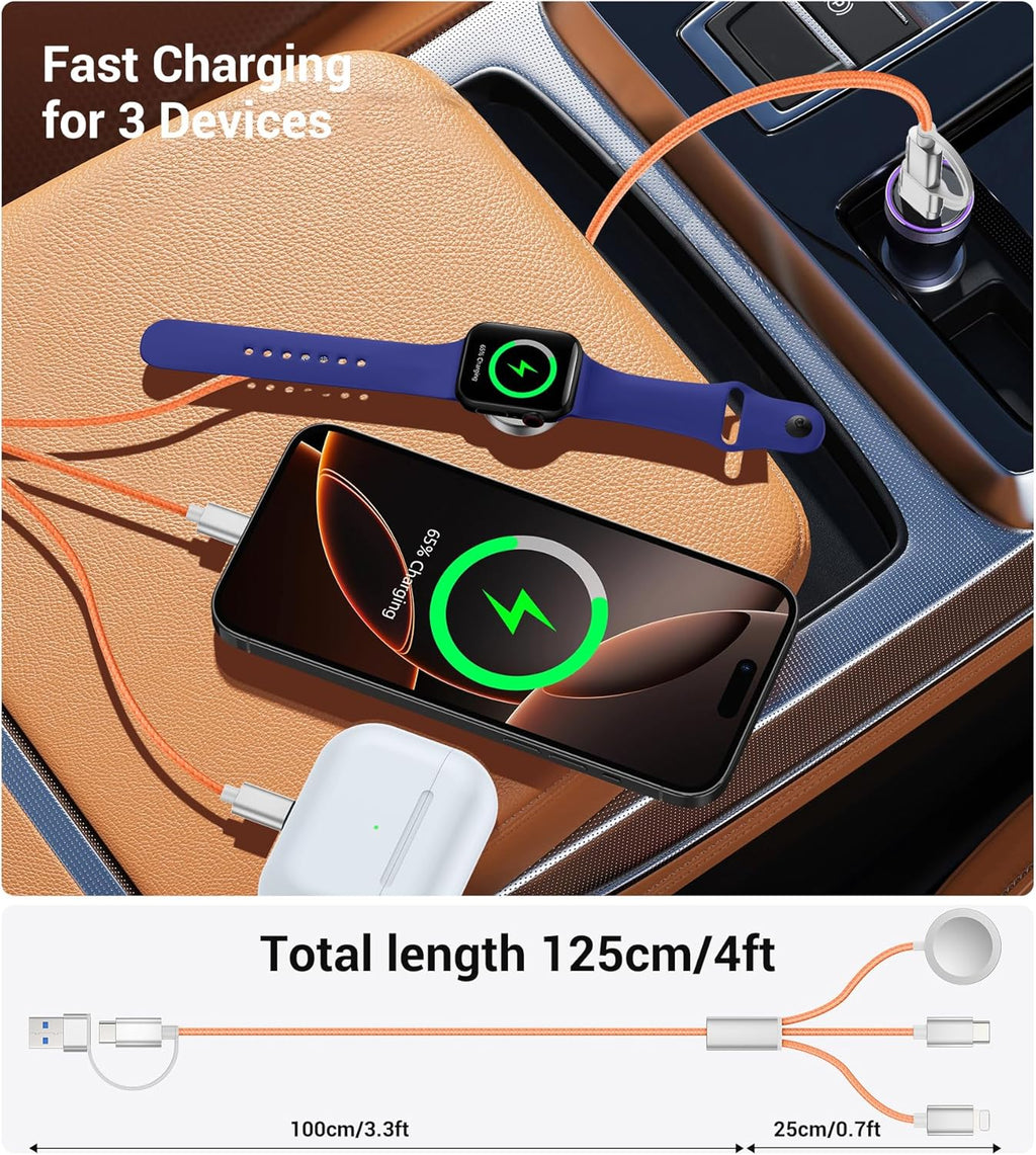 Temdan for Travel Vacation Essentials,3 in 2 USB C Cable for Apple Watch Charger/iPhone 16 Charger/Lightning,Multi Charging Cable Cord,Camping Essentials,Designed for iWatch &iPhone 16-12-4FT Orange